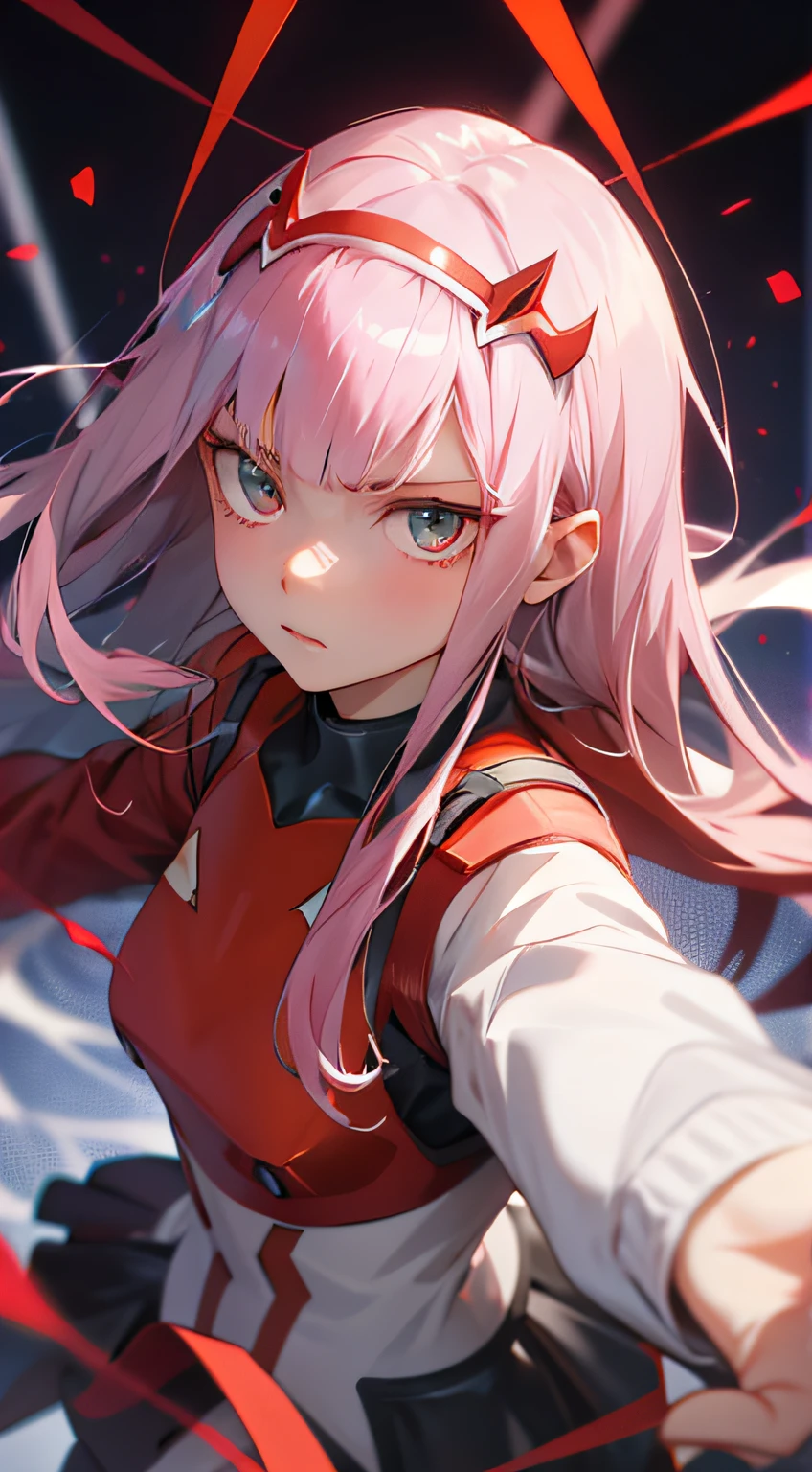zero two from Darling in the Franxx,frightening pose, head shot