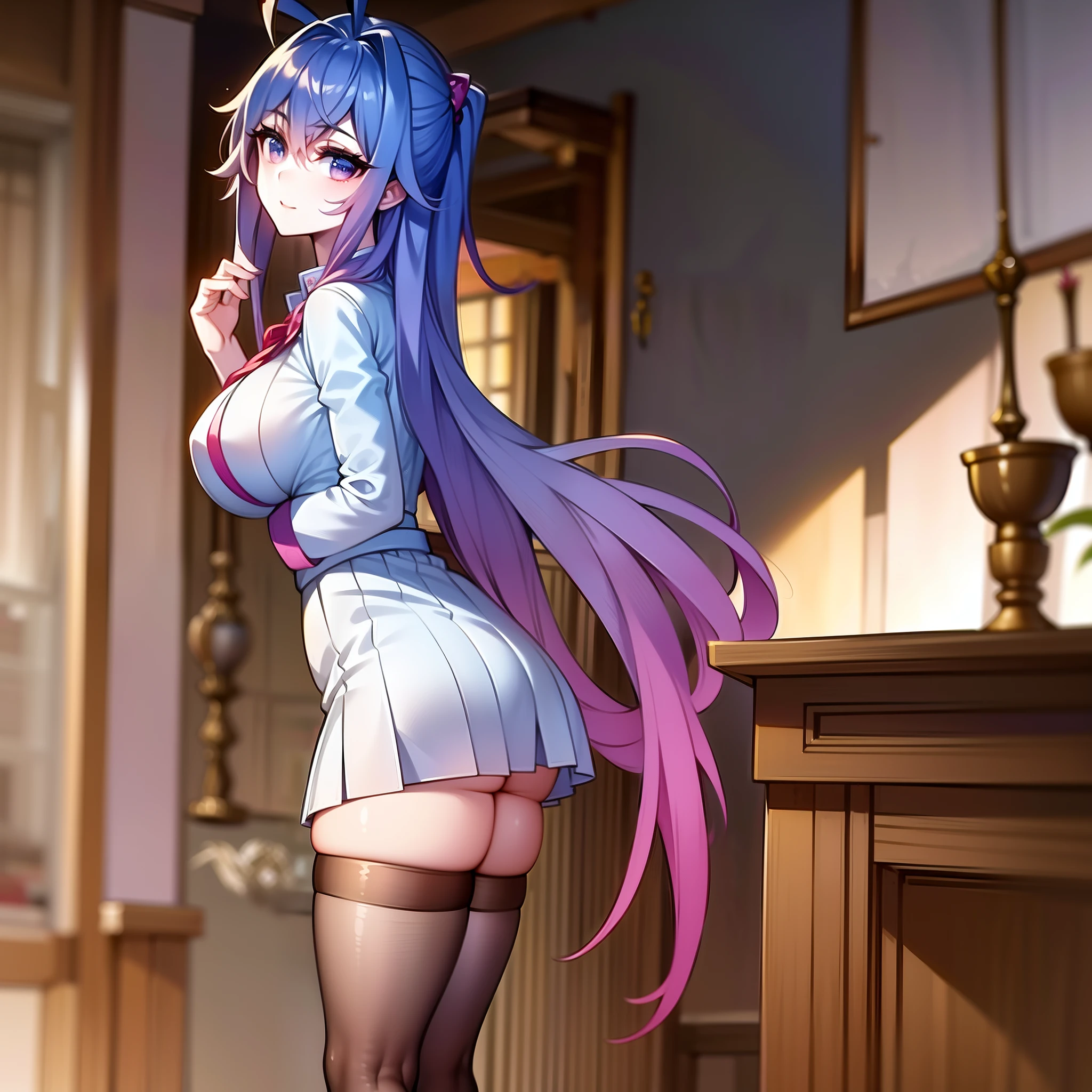 (masterpiece:1.2), mistress, best quality, ultra high res, shiny skin, sexy, ultra high res, best shadow, best quality, ((1girl, solo)), hair ornament, branch, long hair, huge breasts, smile, looking at viewer, very long hair, blue eyes, blue-pink hair, bangs, hair between eyes, high boots, full body, from behind, sexy secretary wearing extremely short skirt and seamed stocking