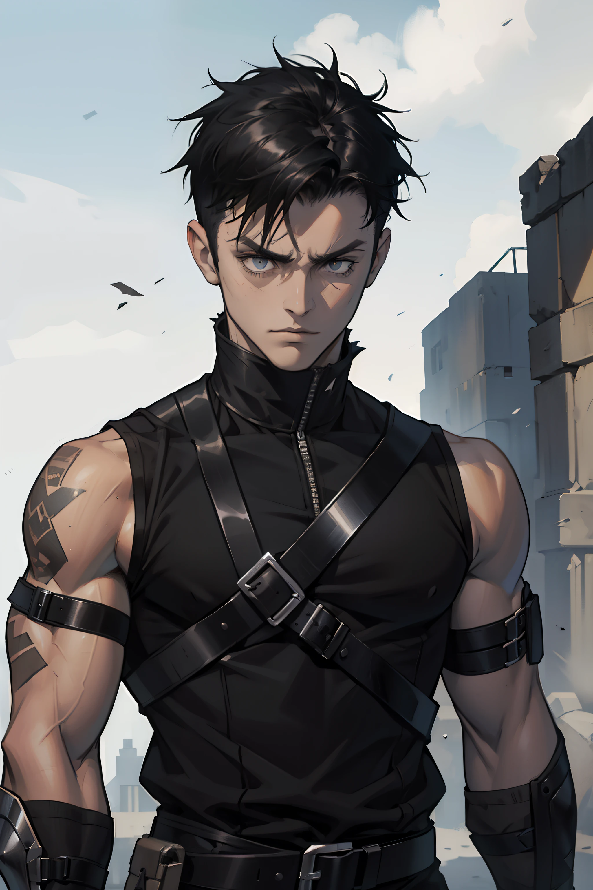 Scrapper, Brawler, Portrait, Taped Arm, Taped fist, sleeveless medieval clothing, black hair, very short hair, spiky hair, serious expression, medium body, black eye color, grey color clothing