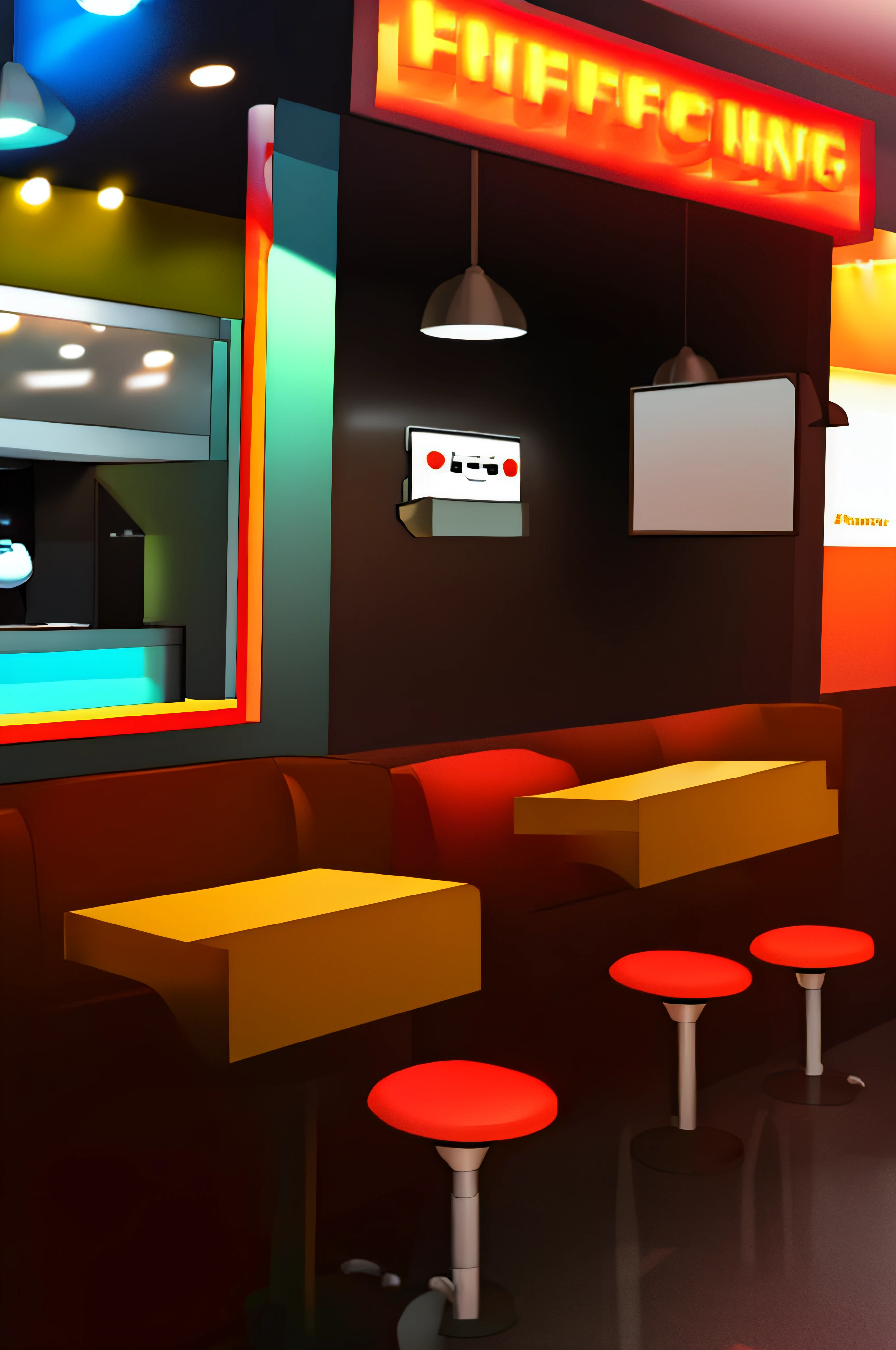 Generate an image depicting a vibrant coffee shop scene with a flat 3D comic aesthetic reminiscent of art created in Blender. The scene should feature a cozy interior with stylized geometric furniture, tables, and bar stools. The baristas behind the counter should have a cheerful and caricatured appearance, wearing retro-inspired uniforms. The customers at the tables should have expressive faces and be engaged in conversation or enjoying their drinks. Utilize bold, vibrant colors and sharp lines to achieve the comic book look. The lighting should be even and soft, casting minimal shadows to maintain the flat visual style. Highlight the coffee cups on the tables, ensuring they stand out with simple yet appealing designs. The overall composition should feel dynamic and inviting, capturing the essence of a lively coffee shop. Feel free to infuse playful details, such as thought bubbles or speech balloons, to enhance the comic book atmosphere. Prioritize creating a whimsical and approachable ambiance that evokes the feeling of stepping into a 3D coffee shop scene brought to life with comic art