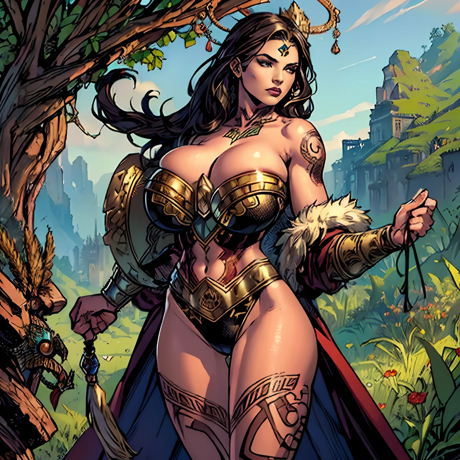 (masterpiece, top quality, best quality, official art, beautiful and aesthetic:1.2), (1girl:1.3), dark brown hair pulled back, in an untidy mane, braids, extremely detailed, portrait, looking at viewer, solo, (full body:0.6), detailed background, close up, sweaty, sweating, ((facepaint, tribal tattoos)), (warm summer desert theme:1.1), busty human Aztec war queen, elegant face, long face, charlatan, smirk, mysterious, walking in jungle, revealing Aztec attire, ornate jade Aztec armor, feathers in hair, feathered armor, bare midriff, brown leather, fur lined clothes, long boots, buckles, straps, pouches, maquahuitl and shield, tan fabric, brown leather, ((((gigantic breasts, skindentation, cleavage)))), muscular, strong, slim waist, slim hips, long legs, muscular legs, medieval (jungle exterior:1.1) background, dark mysterious lighting, shadows, magical atmosphere, dutch angle,
