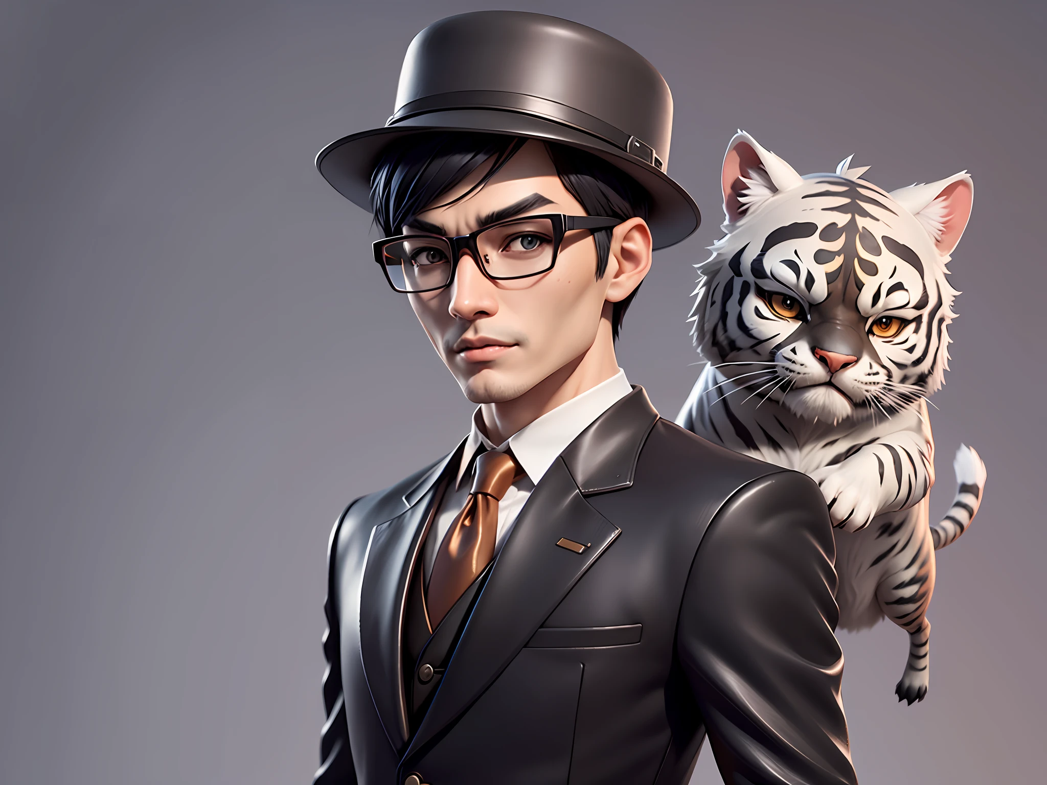 Young man with oriental face in leather hat, tiger, oriental face in formal suit, short black hair, silver glasses, digital painting, 3D character design by Mark Clairedon and Pixar and Hayao Miyazaki and Akira Toriyama, the illustration is a high-definition illustration in 4K resolution with very detailed facial features and cartoon-style visuals.