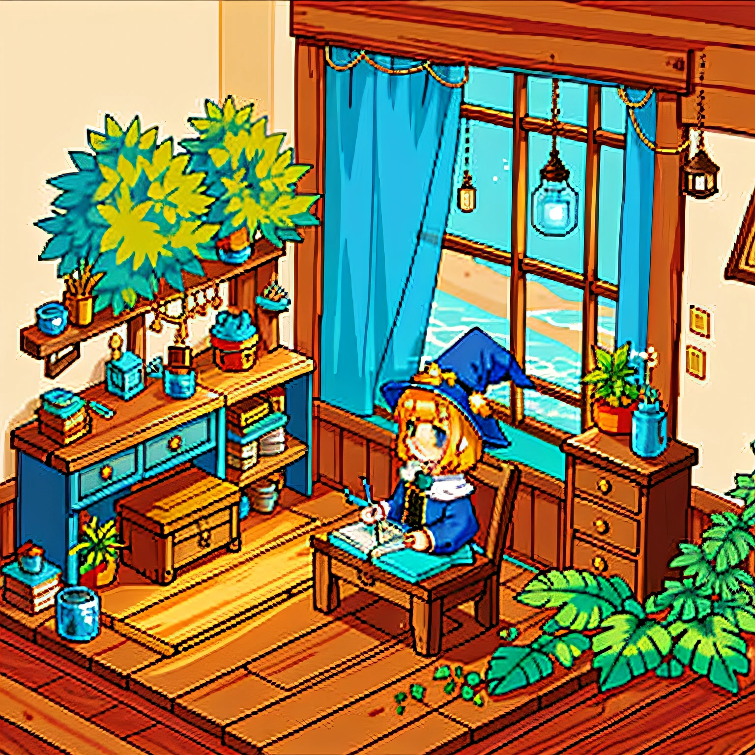 A cat-eared girl,sorceress woman,In the hut,Small wooden table,seated on wooden chair,write,potted,Magic Hat,Magic wand,beachside,
