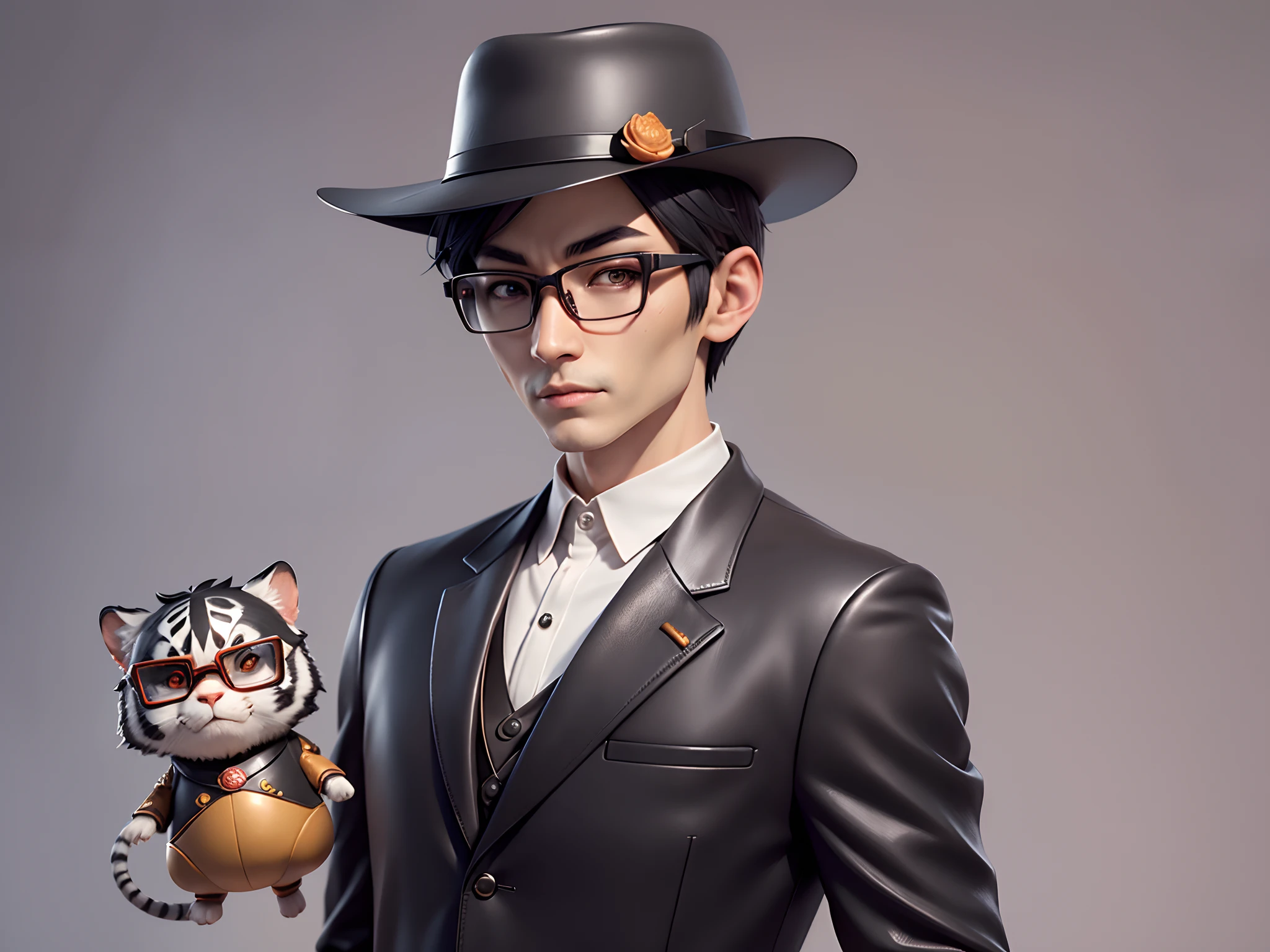 Young man with oriental face in leather hat, tiger, oriental face in formal suit, short black hair, silver glasses, digital painting, 3D character design by Mark Clairedon and Pixar and Hayao Miyazaki and Akira Toriyama, the illustration is a high-definition illustration in 4K resolution with very detailed facial features and cartoon-style visuals.