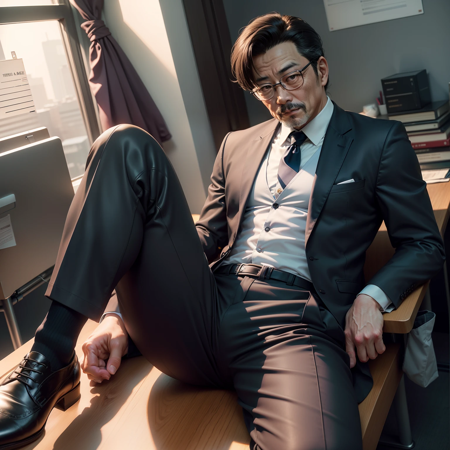 age 55，Kogoro Mouri，uncle，Tong，Bulge，Sitting in the office，Black short stockings，Slip leather shoes，lbeard，fortitude，k hd，artwork of a，look of anguish，is shy，opening legs，wear suit，The crotch is raised，God perspective，Kissing Maori Kogoro