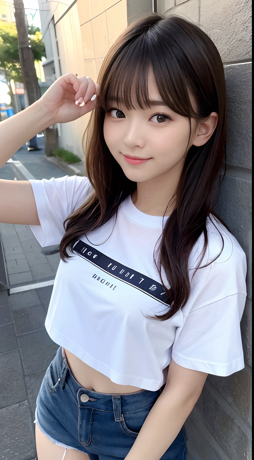 (Raw photography:1.2)、top-quality、Detailed beauty、Beautiful Korean Woman、The most beautiful women in the world、Beautiful sharp face、面長、21years old、A smile、Happy smile、light brown hair、fluffy and voluminous hair、extra detailed face、beatiful detailed eyes、eye line、Nasal nose、a small face、small tits、tiny chest、Road by the sea、lean against the wall、Shooting from a distance、Pointing a finger、open one's legs、Natural sunlight、depth of fields、Blurry background、hight resolution、8k wallpaper、finely detail、Very detailed 8k wallpaper、电影灯光、pretty pose、(photorealisim:1.4)、super detailing、​masterpiece、croptop、Small T-shirt、shortpants、hotpants、Pointing a finger