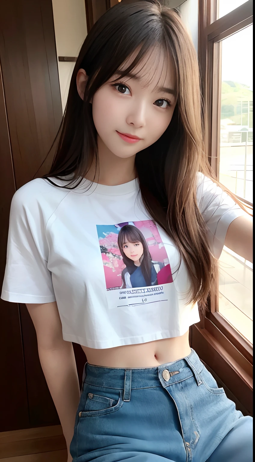 a very cute girl, solo, young, wearing good t-shirts and short pants,medium breast, standing, long hairs, red lips, at camp, realistic face, full body, blue shoes, background waterfall,black hair, pink asesoris 