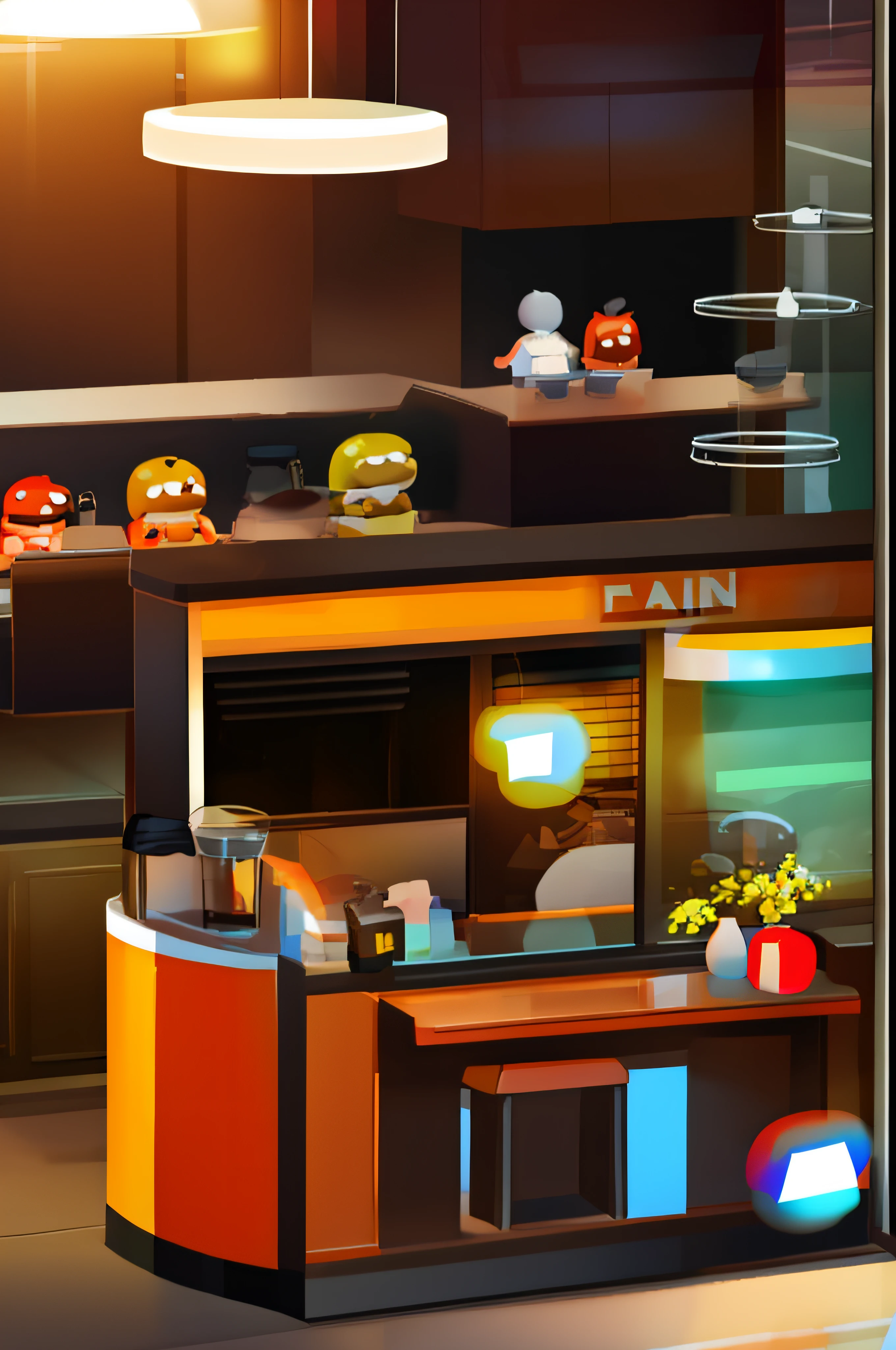 Generate an image depicting a vibrant coffee shop scene with a flat 3D comic aesthetic reminiscent of art created in Blender. The scene should feature a cozy interior with stylized geometric furniture, tables, and bar stools. The baristas behind the counter should have a cheerful and caricatured appearance, wearing retro-inspired uniforms. The customers at the tables should have expressive faces and be engaged in conversation or enjoying their drinks. Utilize bold, vibrant colors and sharp lines to achieve the comic book look. The lighting should be even and soft, casting minimal shadows to maintain the flat visual style. Highlight the coffee cups on the tables, ensuring they stand out with simple yet appealing designs. The overall composition should feel dynamic and inviting, capturing the essence of a lively coffee shop. Feel free to infuse playful details, such as thought bubbles or speech balloons, to enhance the comic book atmosphere. Prioritize creating a whimsical and approachable ambiance that evokes the feeling of stepping into a 3D coffee shop scene brought to life with comic art