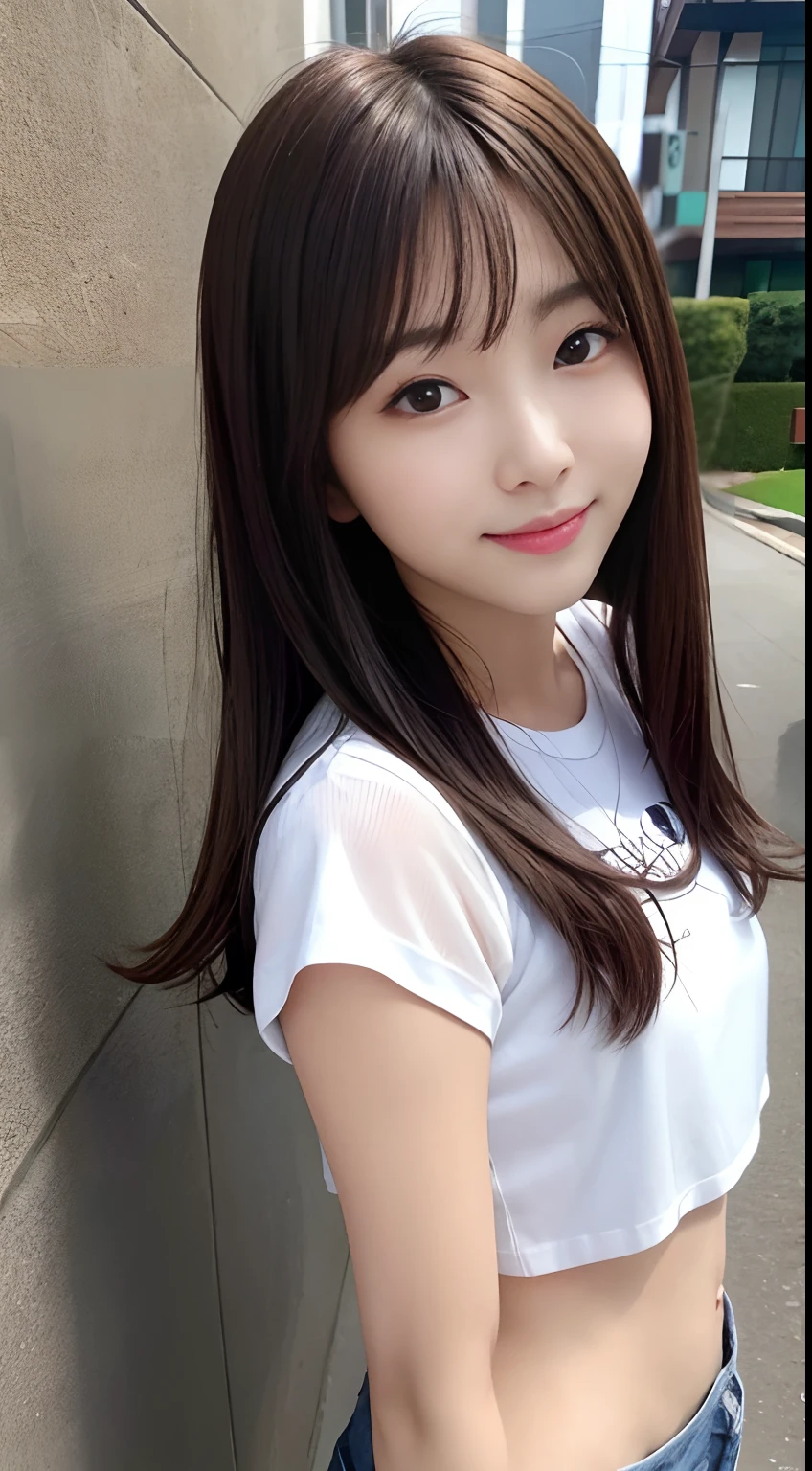 Highest quality,8k,High resolution,Beauty like an actress,high school student,Black Hair,With bangs、Big Breasts,Side Pony、Smile a little with your mouth closed、((Mouth closed))、((I can't see my teeth))、((Very small tight micro bikini:1.5))、Outdoor swimming pool、sunny