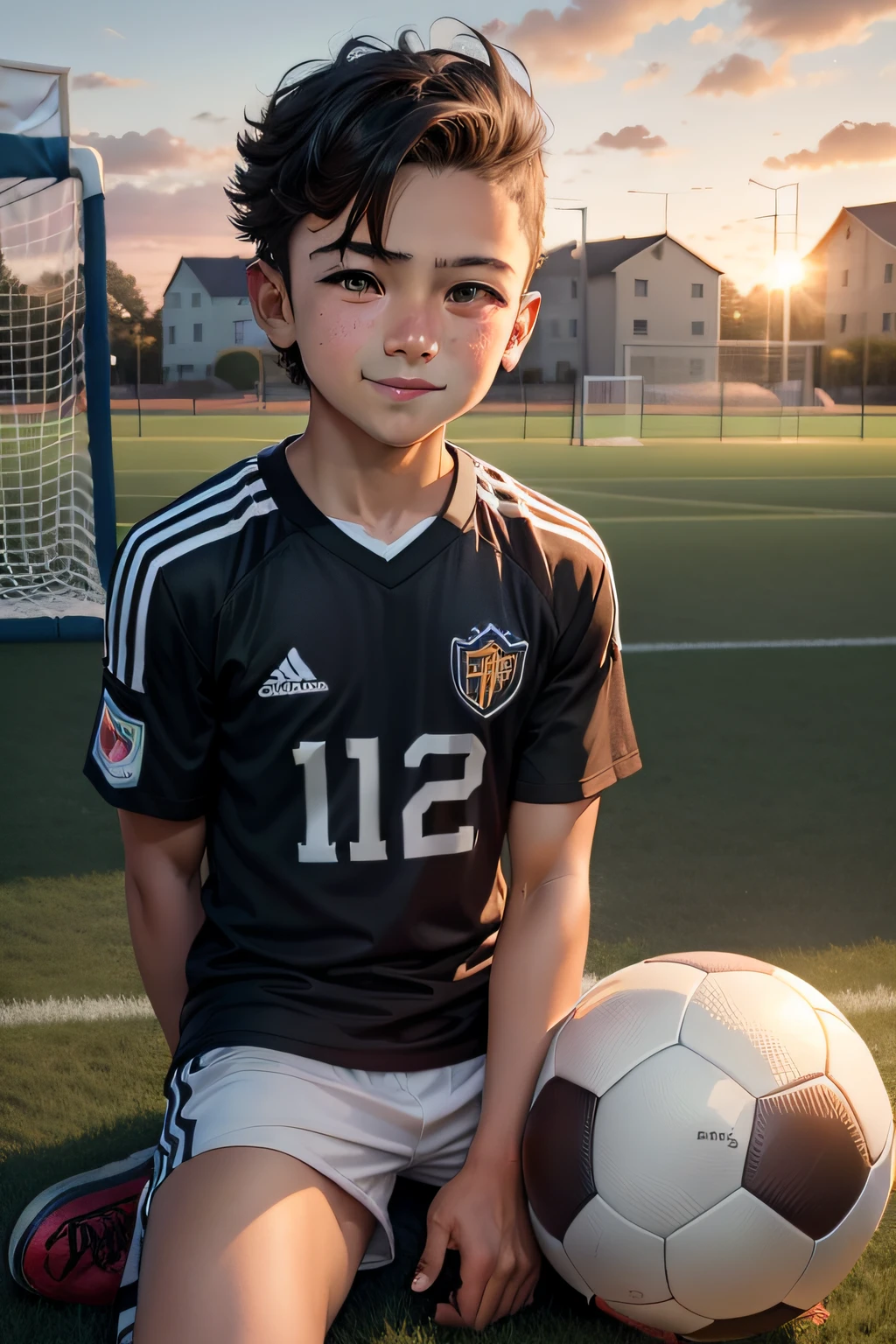 A handsome boy,Sitting on a soccer field with a soccer ball in hand,With your back against the football frame,A smile on his face,The setting sun falls on the playground,New sea city style,HD 1:1