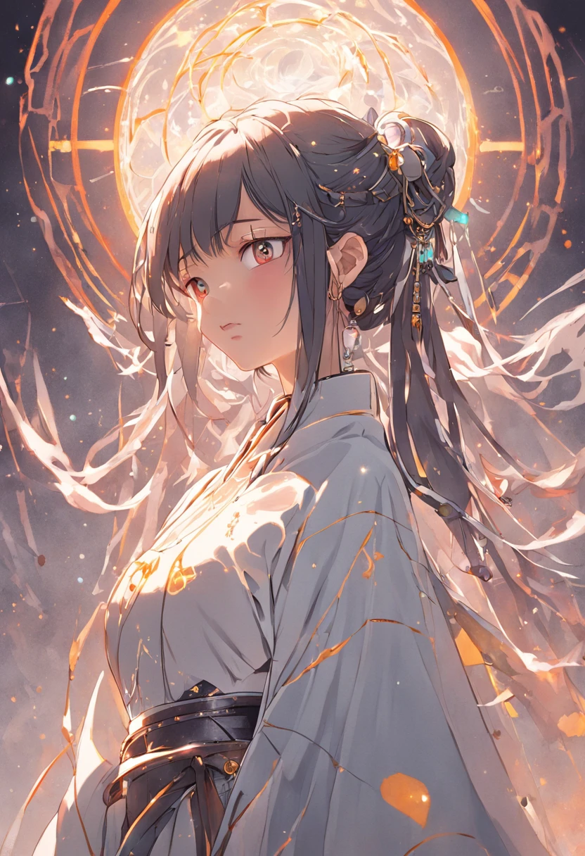(Masterpiece, Top Quality, Best Quality), ((Cyberpunk Style, Robotic Arm, Hololo, Surreal Science Fiction Art, Future Science Fiction Aesthetics)), (1 Girl Solo), Close Up, (Resolute Eyes), (Ancient Chinese Clothes, White Robe, Embroidered Collar Uesugi, White Big Sleeve Shirt, Streamers), (Hairpin, Long Black Hair, Weapons), (Hanfu), (Clear Facial Features, Detailed Skin Texture, Beautiful Face), White Background, Earrings, Yellow Skin, Standing, (((flat color))),