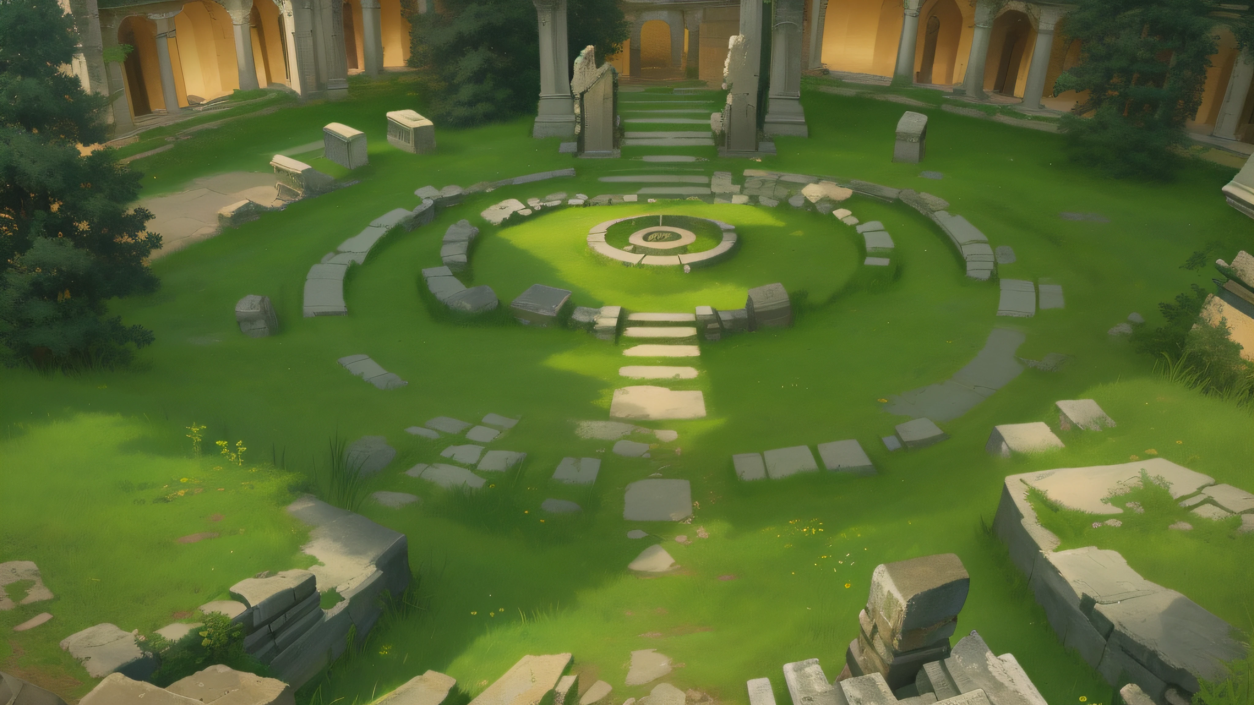There is a green space,There are rocks and gates in the middle, ancient ruins background, background is the ruins, ancient overgrown! 废墟, odin's stone arena background, Ruins of Fay, battle map prop, ingame image, city ruins background, Ancient ruins in the back, Temple ruins, ancient city ruins, arena background, game assets, 废墟, ruins landscape, Ancient ruins