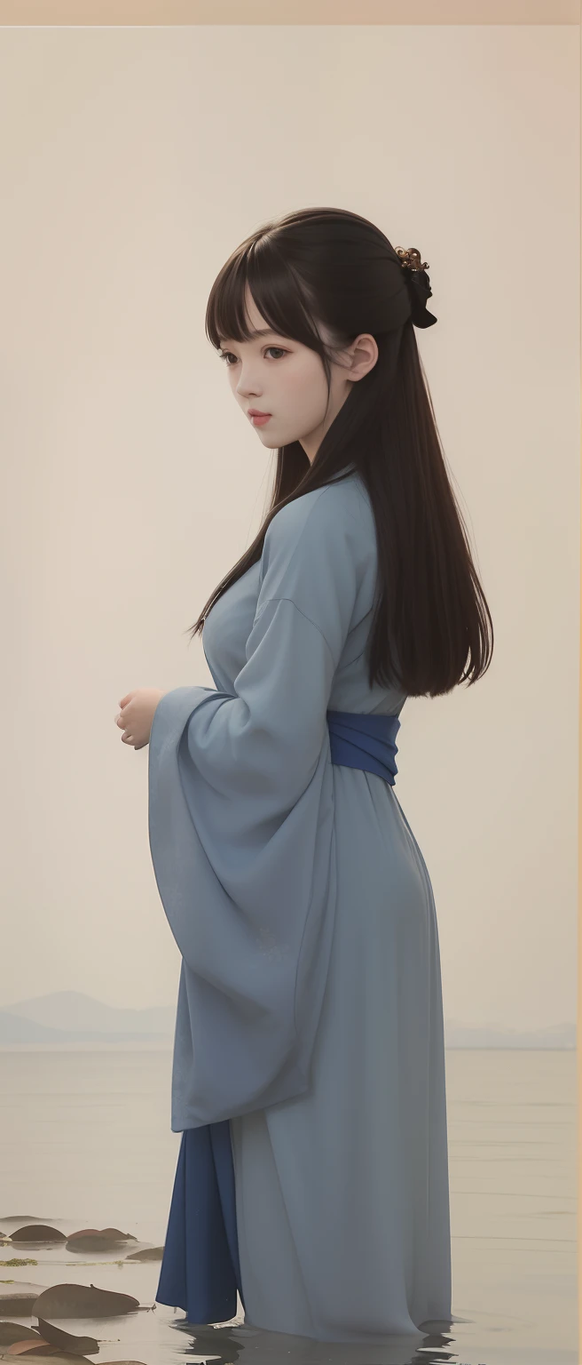 ((4k,masterpiece,best quality)), shuimobysim, Traditional chinese painting, lotuses, Hanfu, maxiskit, Dress conservatively 1girl, solo, blue long hair, ssmile, standing on your feet, Feet in the water, The barefoot,Fingers are a little more realistic,Smaller breasts,Write three words in the upper left corner of the picture: "Look at ease"