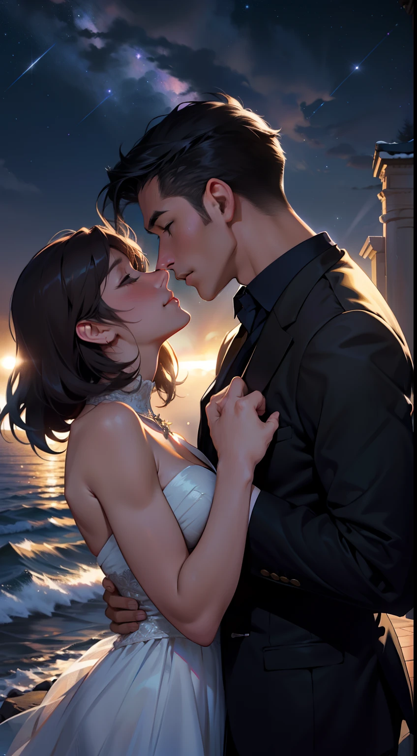 As night fell,Soft starlight shines on the two lovers,They kissed romantically under the bright starry sky,
