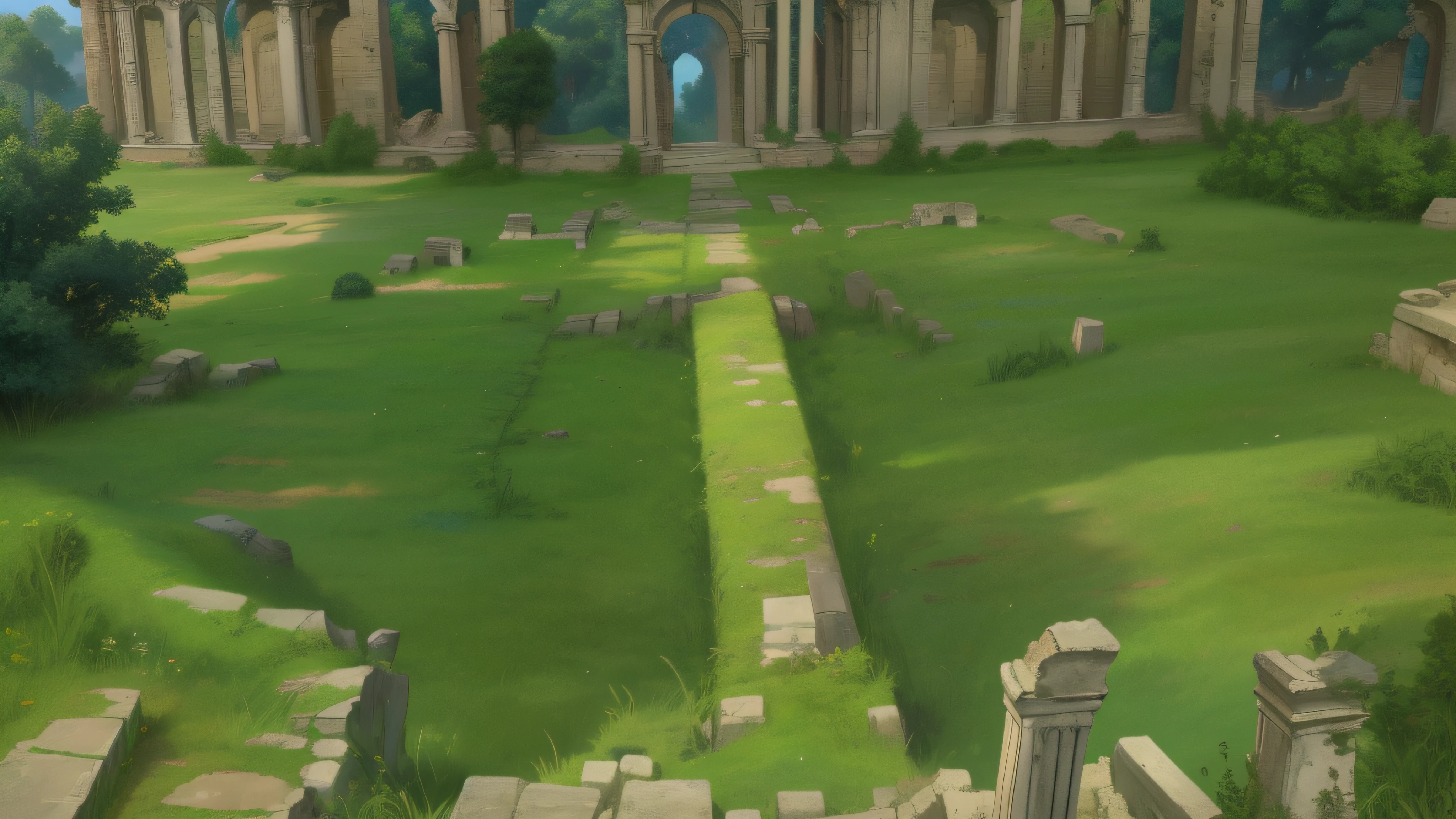 There is a green space,There are rocks and gates in the middle, ancient ruins background, background is the ruins, ancient overgrown! 废墟, odin's stone arena background, Ruins of Fay, battle map prop, ingame image, city ruins background, Ancient ruins in the back, Temple ruins, ancient city ruins, arena background, game assets, 废墟, ruins landscape, Ancient ruins