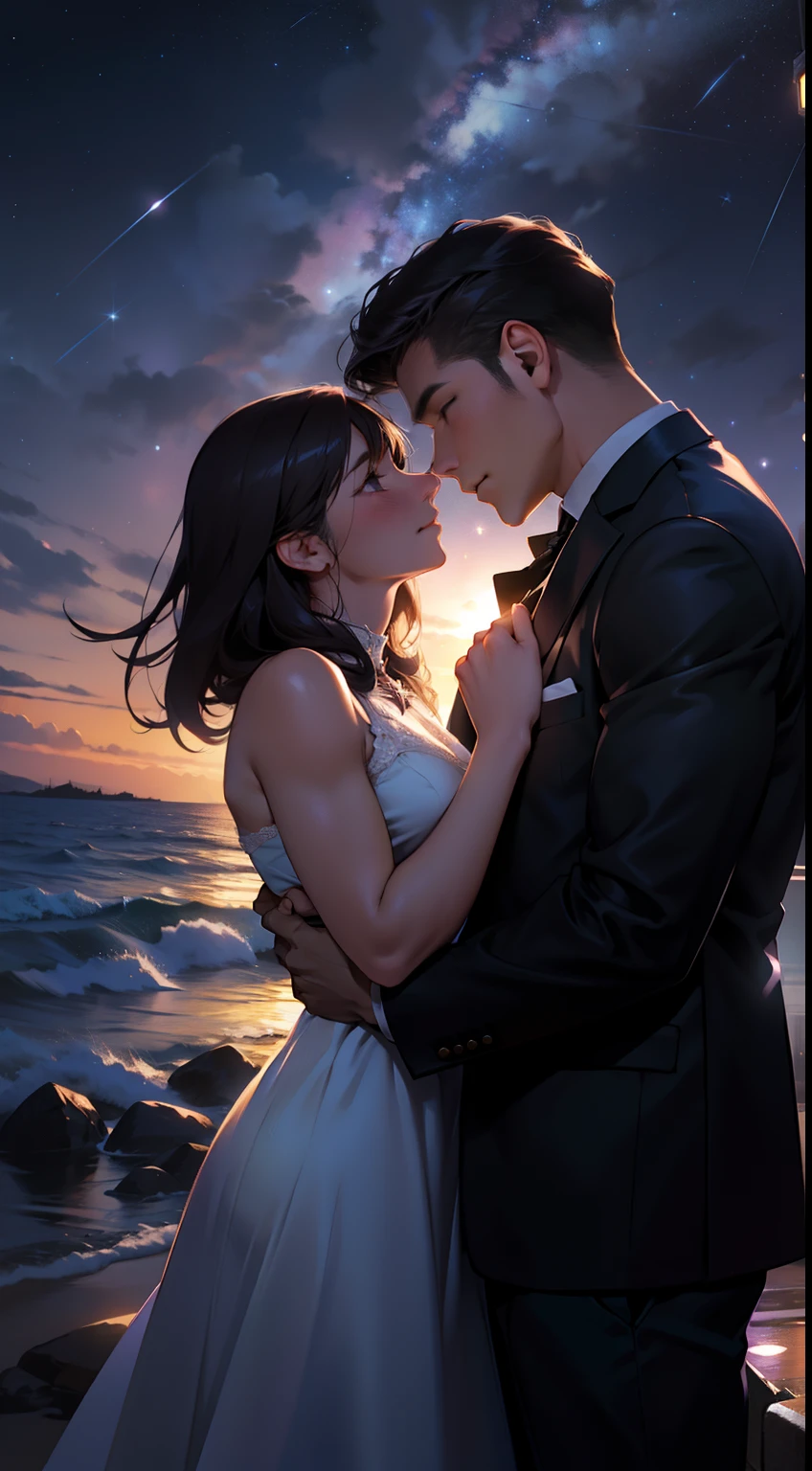 As night fell,Soft starlight shines on the two lovers,They kissed romantically under the bright starry sky,