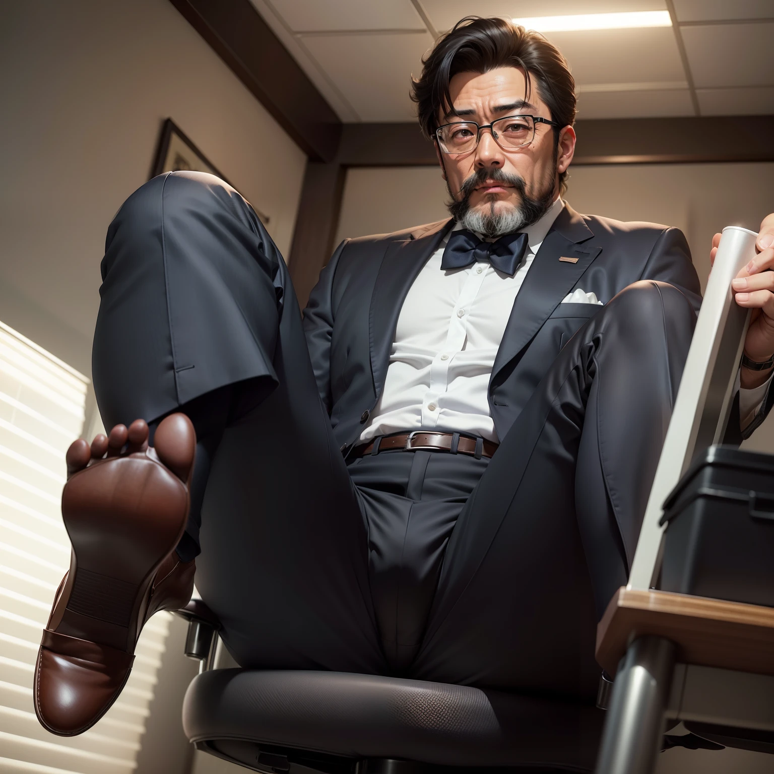 age 55，Kogoro Mouri，uncle，Tong，Bulge，Sitting in the office，Black short stockings，Slip shoes，lbeard，fortitude，k hd，artwork of a，an look of enjoyment，is shy，opening legs，wear suit，The crotch is raised，God perspective，Take off your pants，There is milk on the pants