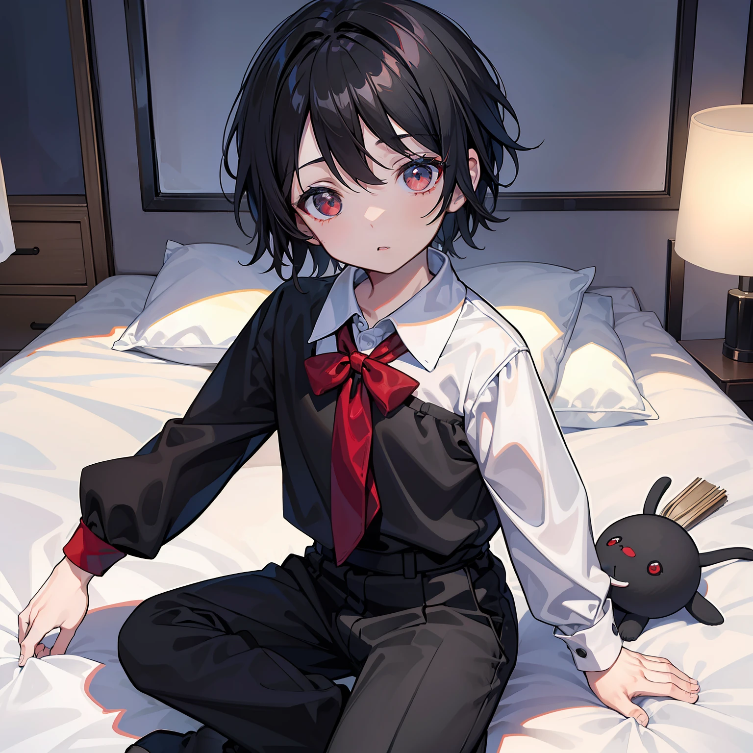 "Chico de cabello negro y ojos rojos, pelo hermoso y detallado, la mejor calidad, estilo anime, escena escolar, un solo chico, joven, con pelo corto."1 person child, infant, little guy,