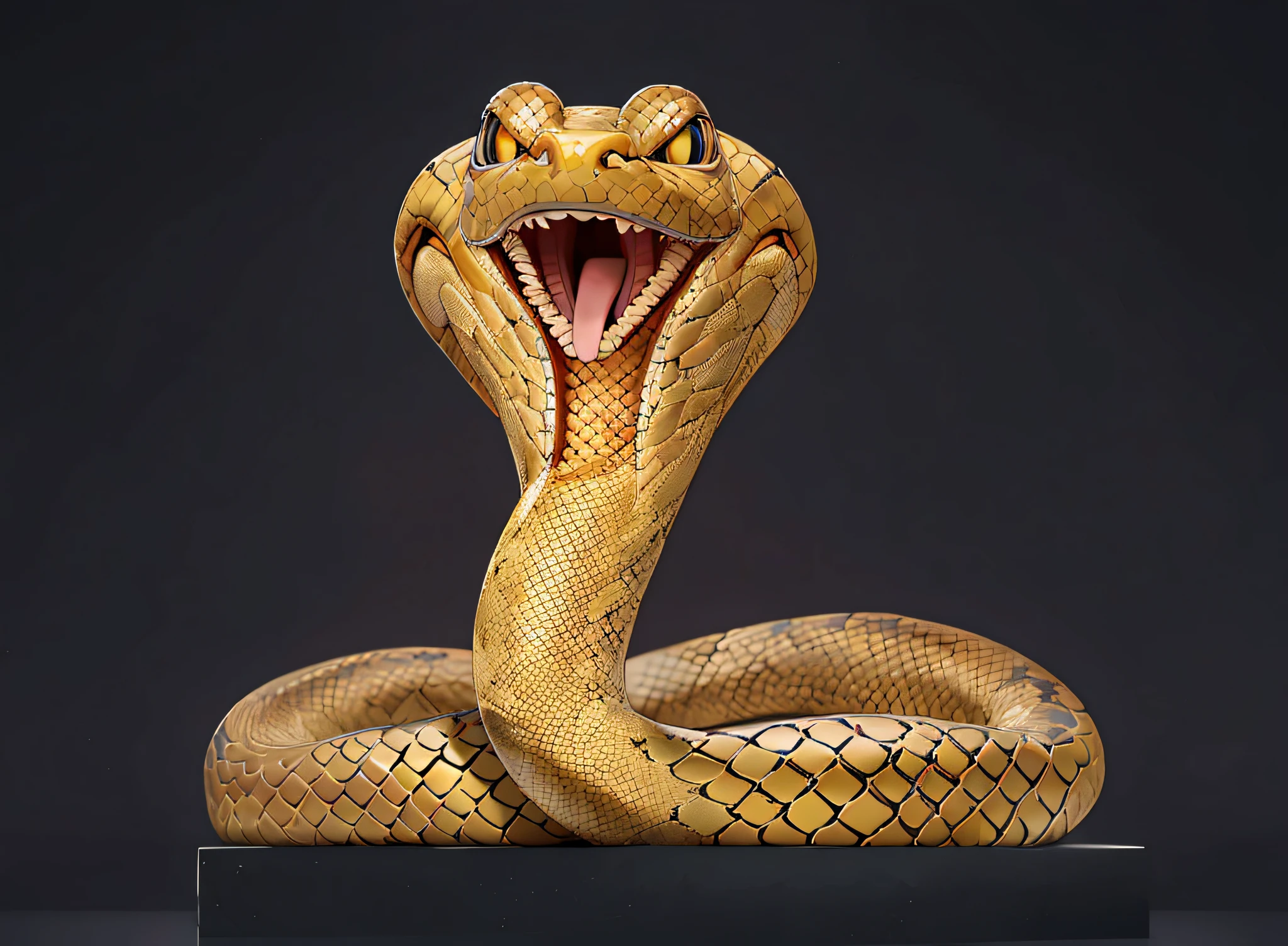 There is a golden snake, highly detailed snakes, coiled realistic serpents, Snake body. Snake head in front, cobra, big snakes heads with open mouth, golden snakes, Snake body, snake art, cobra head mascot facing right, portrait of a sacred serpent, serpent, a snake head, serpent body, Big snake