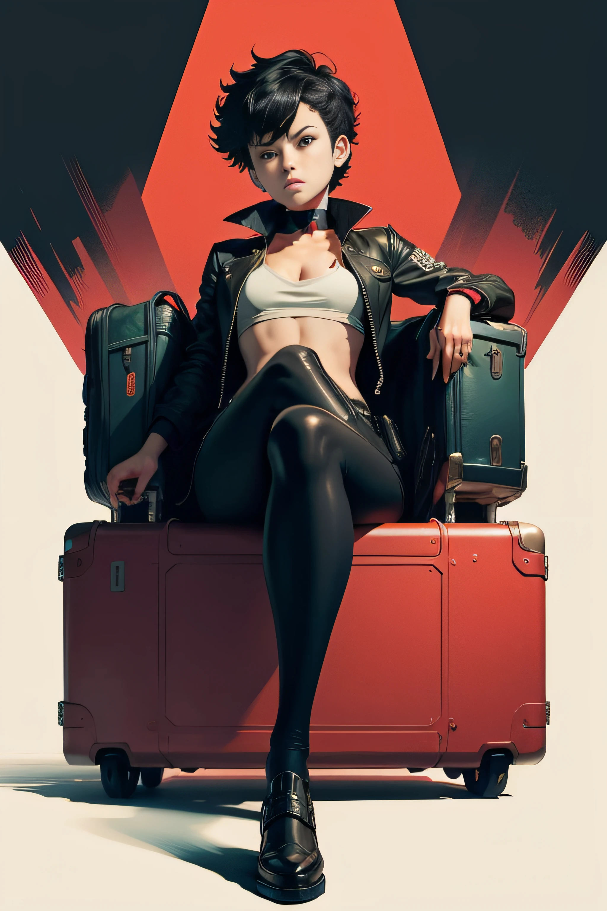There is a woman with short hair sitting on a suitcase on a red background, akira style illustration, in the style of akira, in style of digital illustration, in style of kar wai wong, akira art style, satoshi kon artstyle, akira artstyle, akira style, cowboy bebop art style, persona 5 style, style of satoshi kon, style of akira motion movie