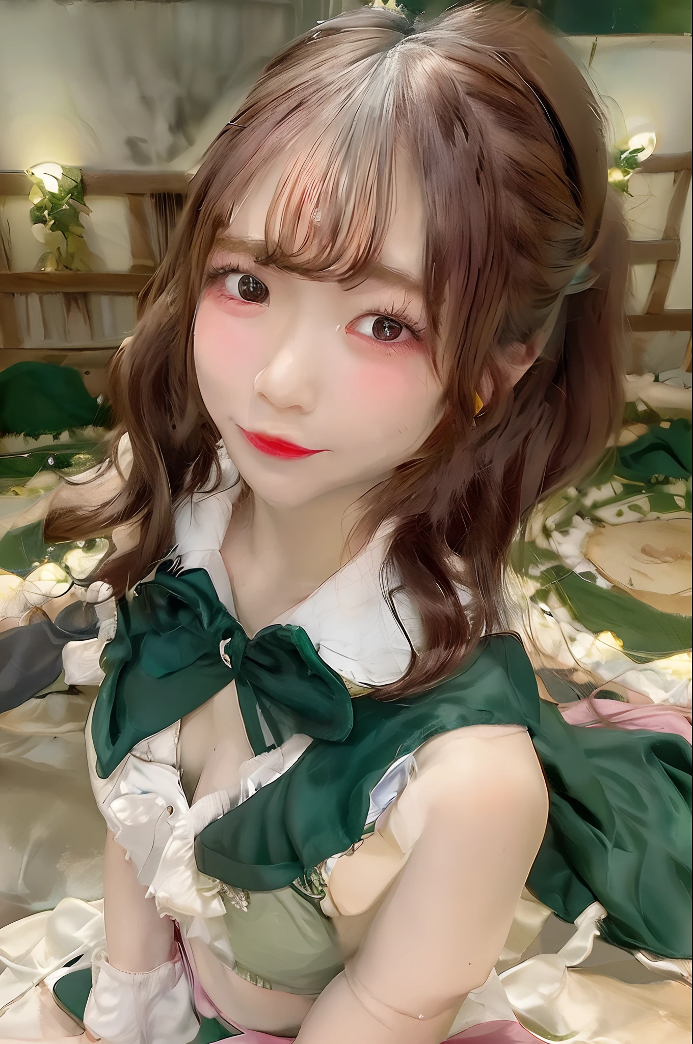 masutepiece, Best Quality, hight resolution, hmjupiter, Green eyes, Ponytail, tiarra, Jewelry, Sailor Senshi Uniform, green sailor collar, Choker, elbow groves, White Gloves, pink bows, brooches, Leotard, Green skirt, Cowboy Shot, Standing, Night, Moon, Back view, angry, Full body, lush body