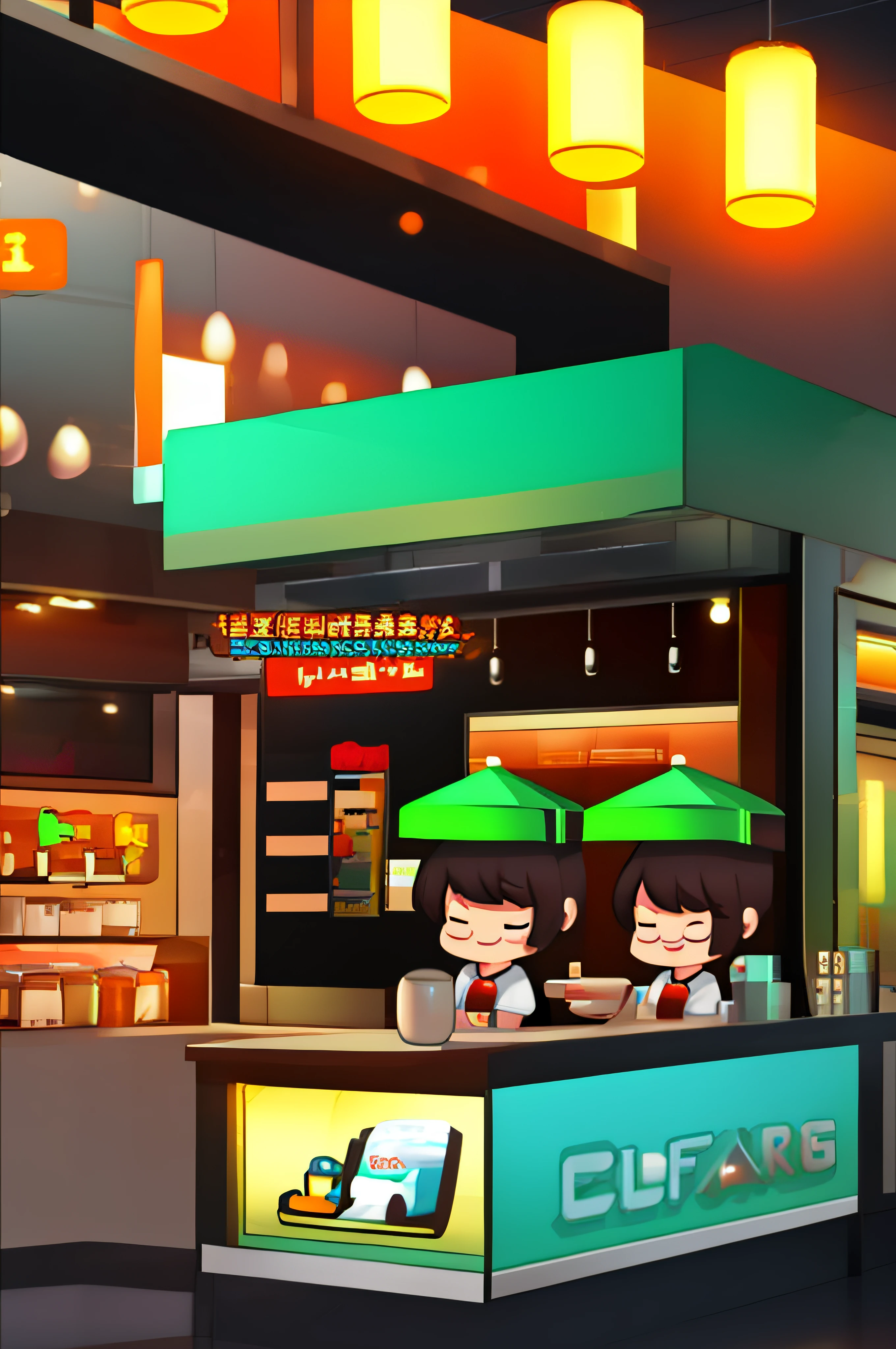 Generate an image depicting a vibrant coffee shop scene with a flat 3D comic aesthetic reminiscent of art created in Blender. The scene should feature a cozy interior with stylized geometric furniture, tables, and bar stools. The baristas behind the counter should have a cheerful and caricatured appearance, wearing retro-inspired uniforms. The customers at the tables should have expressive faces and be engaged in conversation or enjoying their drinks. Utilize bold, vibrant colors and sharp lines to achieve the comic book look. The lighting should be even and soft, casting minimal shadows to maintain the flat visual style. Highlight the coffee cups on the tables, ensuring they stand out with simple yet appealing designs. The overall composition should feel dynamic and inviting, capturing the essence of a lively coffee shop. Feel free to infuse playful details, such as thought bubbles or speech balloons, to enhance the comic book atmosphere. Prioritize creating a whimsical and approachable ambiance that evokes the feeling of stepping into a 3D coffee shop scene brought to life with comic art