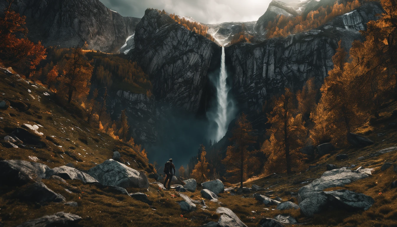 (Dark magic:1.2), (Grim:1.1) forest, A man stands in the Alps, (Intricate details), (ultra - detailed), 8k hdr, high detal, A lot of detail, High quality,dingdall effect (Colored:1.3)