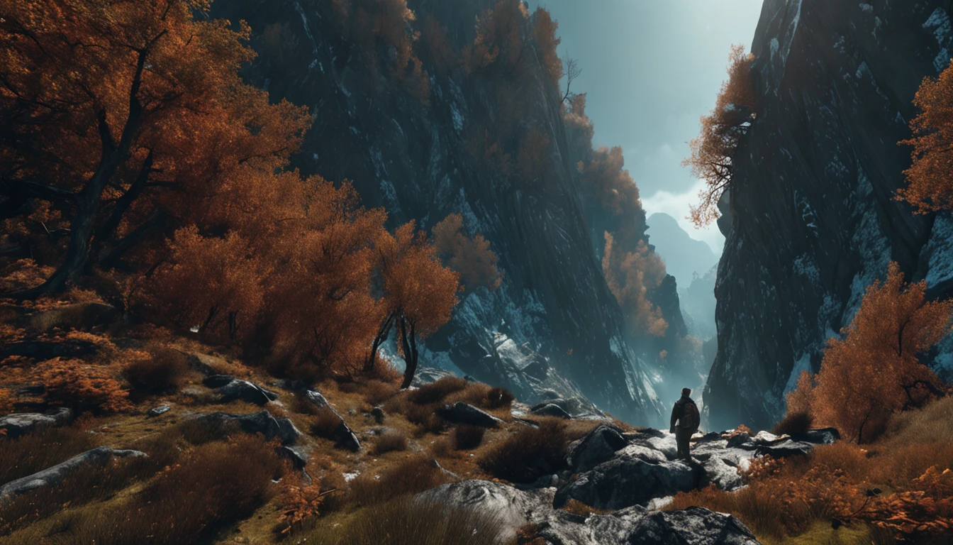 (Dark magic:1.2), (Grim:1.1) forest, A man stands in the Alps, (Intricate details), (ultra - detailed), 8k hdr, high detal, A lot of detail, High quality,dingdall effect (Colored:1.3)
