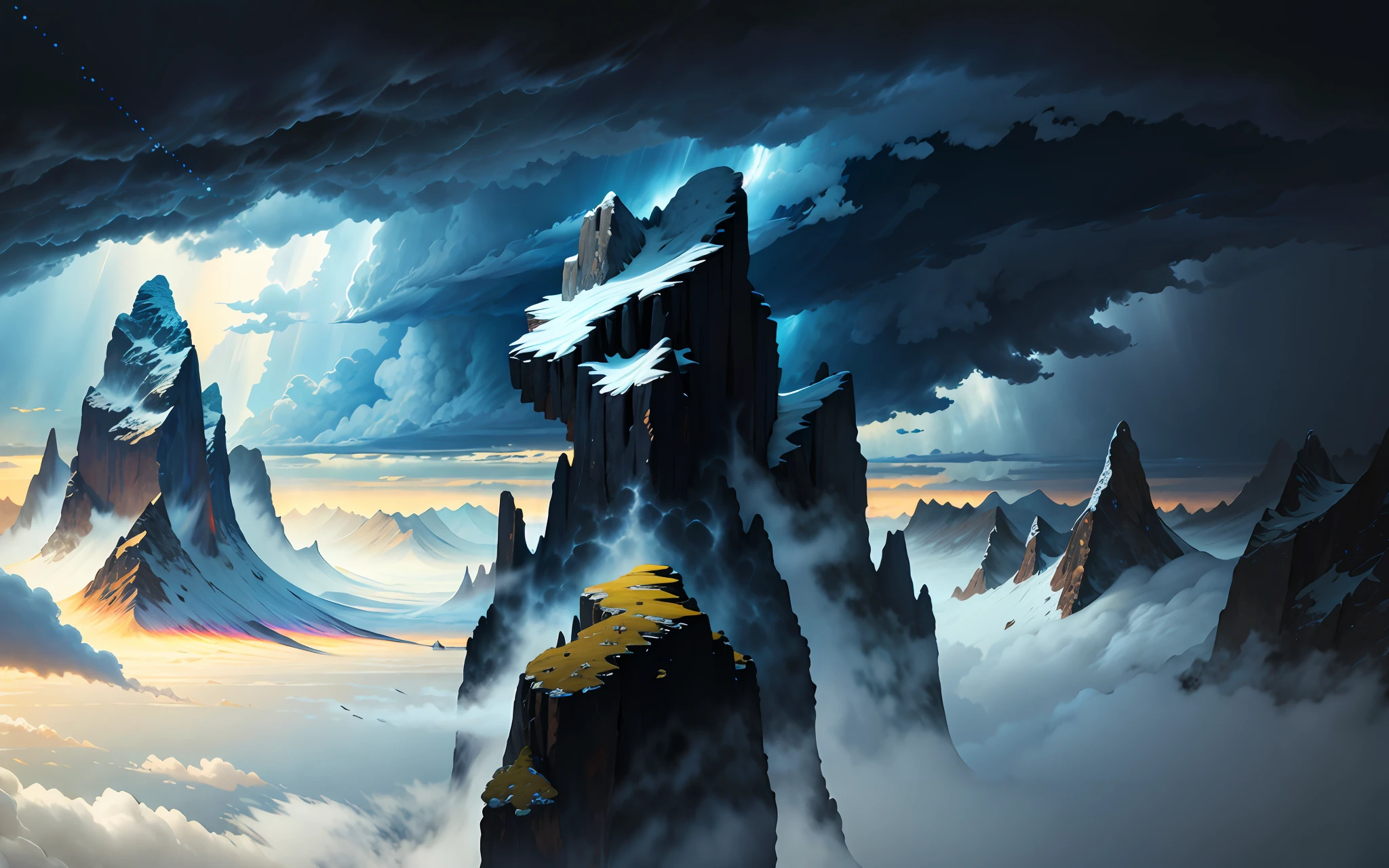 Detailed painting, The storm gazes at the vast landscape of giant mountains, adventurous spirit, Crazy menacing clouds, rays of black light, Wind, A cloud that casts a volumetric shadow, (Slightly pink clouds:0.9), spheres, paths, Viking