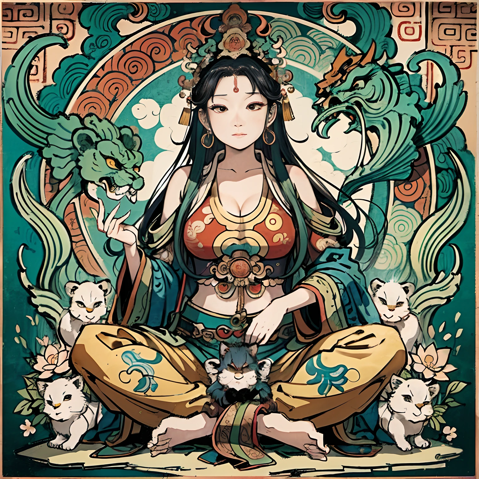 an ancient Chinese goddess, guanyin of the southern seas, Guanyin, Inspired by India, Avalokiteshvara rides a lion,,Serene expression,shui mo hua,Buddha,Buddhist,Lotus,Chinese painting style,Thangka style