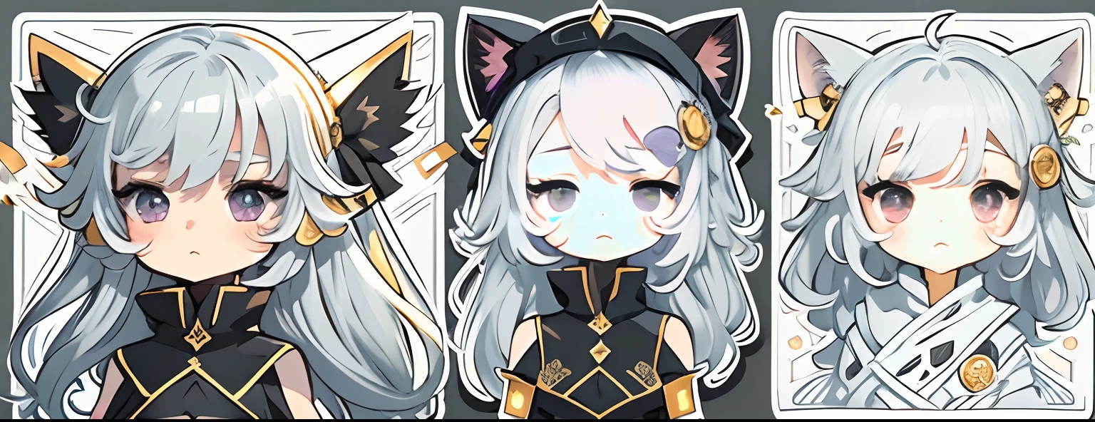 Sticker, Cute anime girl head, long layered silvery white hair,Light purple eyes，Black cat elements，Black dress，Black princess dress，White background, Gold border，Simple, Ultra detailed, Detailed drawing, vectorised, Silhouette, 8K, professional sticker design, Flat design, Vector lines, Sticker, Drawing, Drawing, Full-HD