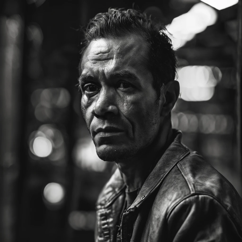 (Portrait photo，Black and White photo，male people，In tears，Tattles，sit on a bed，There are piercings in the ears，Look into the distance，Serious eyes，50mm portrait photography，Hard-edged lighting photography)