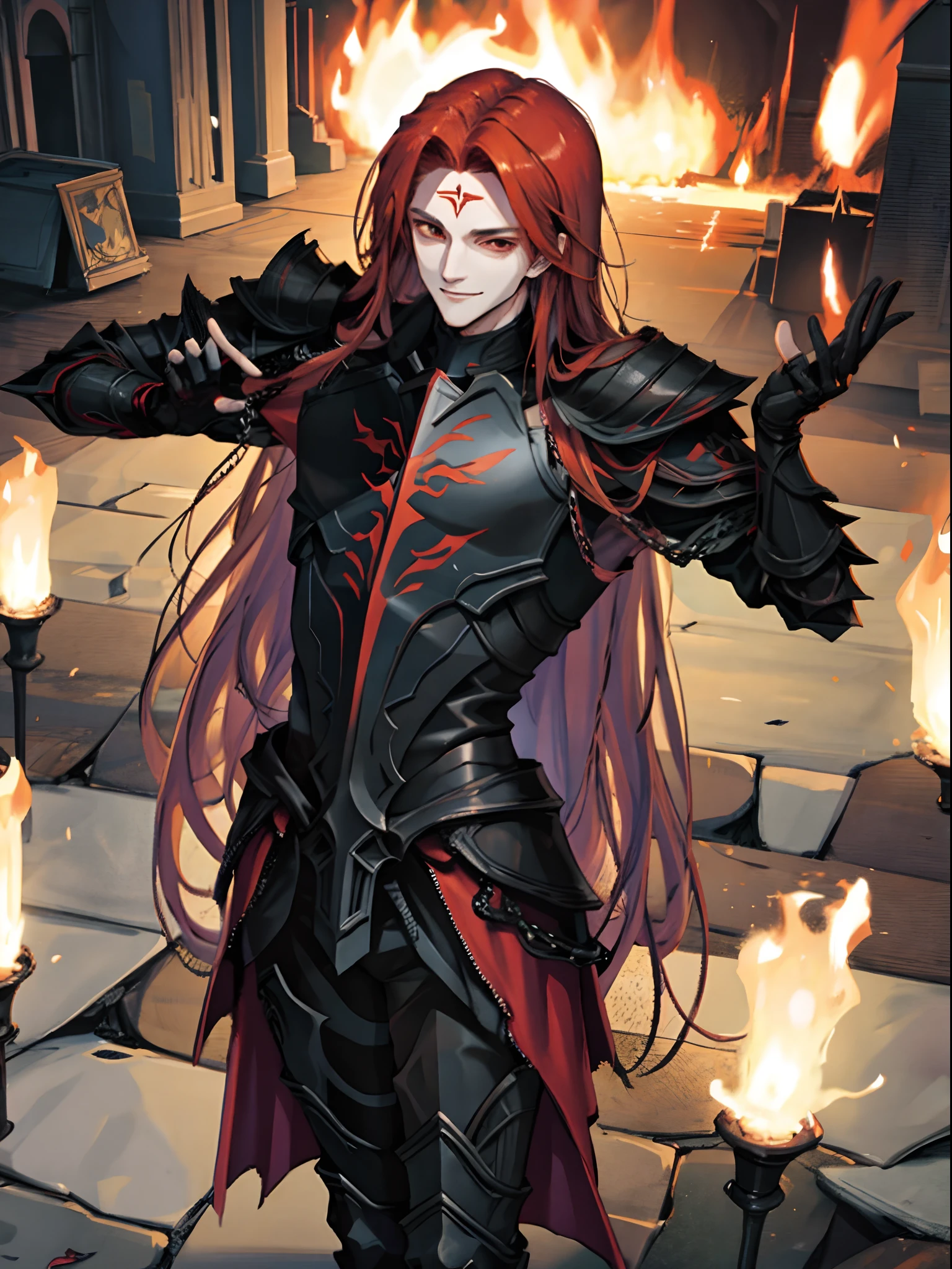 tmasterpiece, beste-Qualit, 独奏, 1boy, Long red hair, dark eyes, Gloomy armor, portraite of a, bloods, ssmile