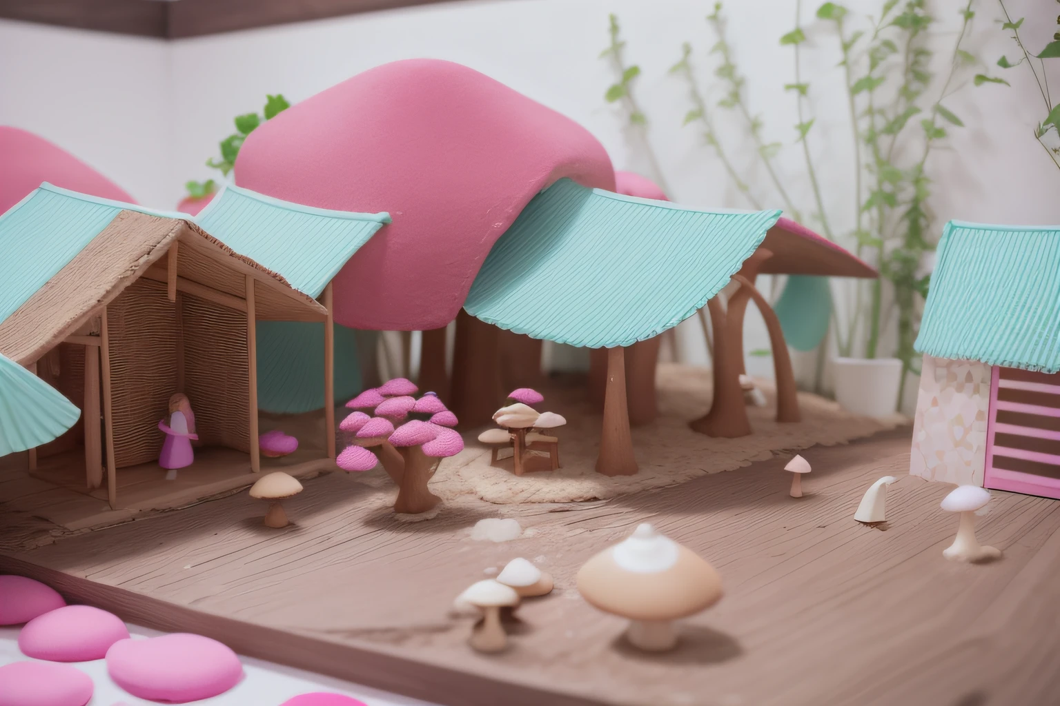 Maquete de Cogumelos. Cogumelos na maquete. mushroom rosa. Horizonte na maquete. pink floor. Maquete. mushroom