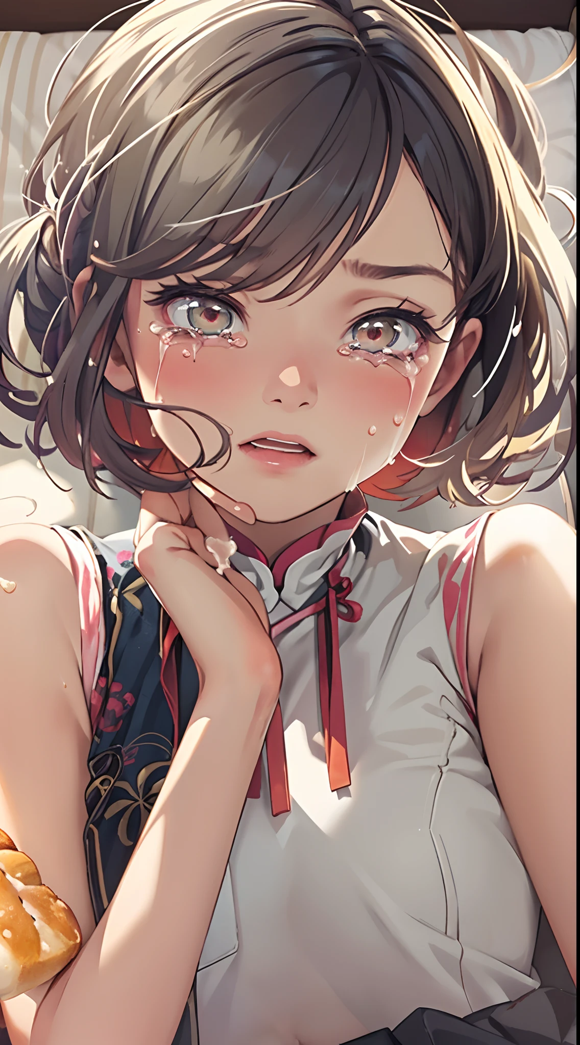 best quality, front view,yo,beautiful girl, nsfw,1girl, short hair,chetite,i,idealatio body proportions, close up,updo hair,comletely ,spread own ex toy,weaty skin,breasts out, flat chest,beautiful breasts,chinese clothes,navel, lie down,(spread legs:1.4),upright,,very short pleated miniskirt,(afterglow:1.3),(crying:1.3),(panicking:1.2),v-shaped eyebrow,shaved bread,steam,bukkake,cum, (cum on face:1.1),cum on body,cum on hair