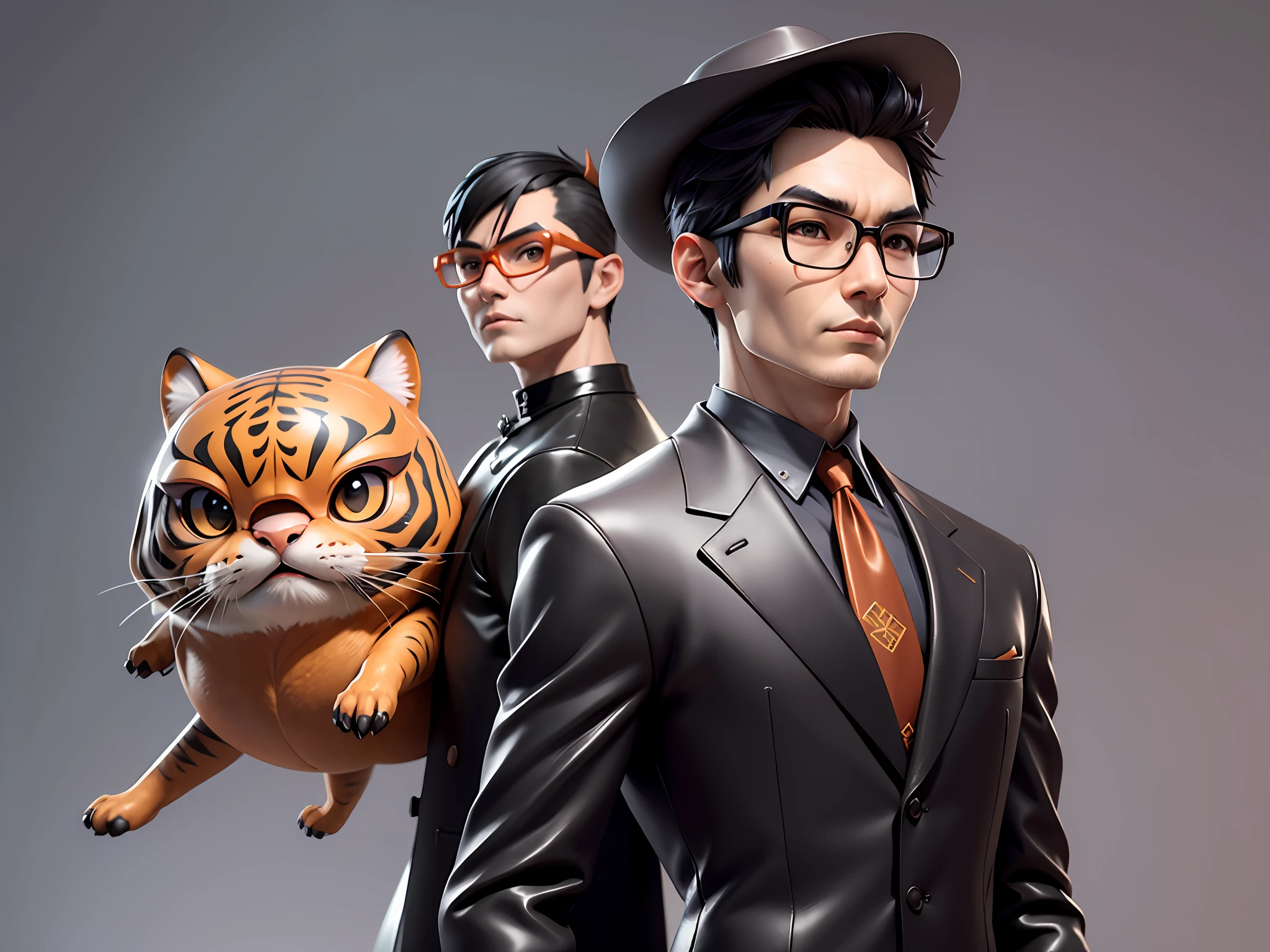 Young man with oriental face in leather hat, tiger, oriental face in formal suit, short black hair, silver glasses, digital painting, 3D character design by Mark Clairedon and Pixar and Hayao Miyazaki and Akira Toriyama, the illustration is a high-definition illustration in 4K resolution with very detailed facial features and cartoon-style visuals.