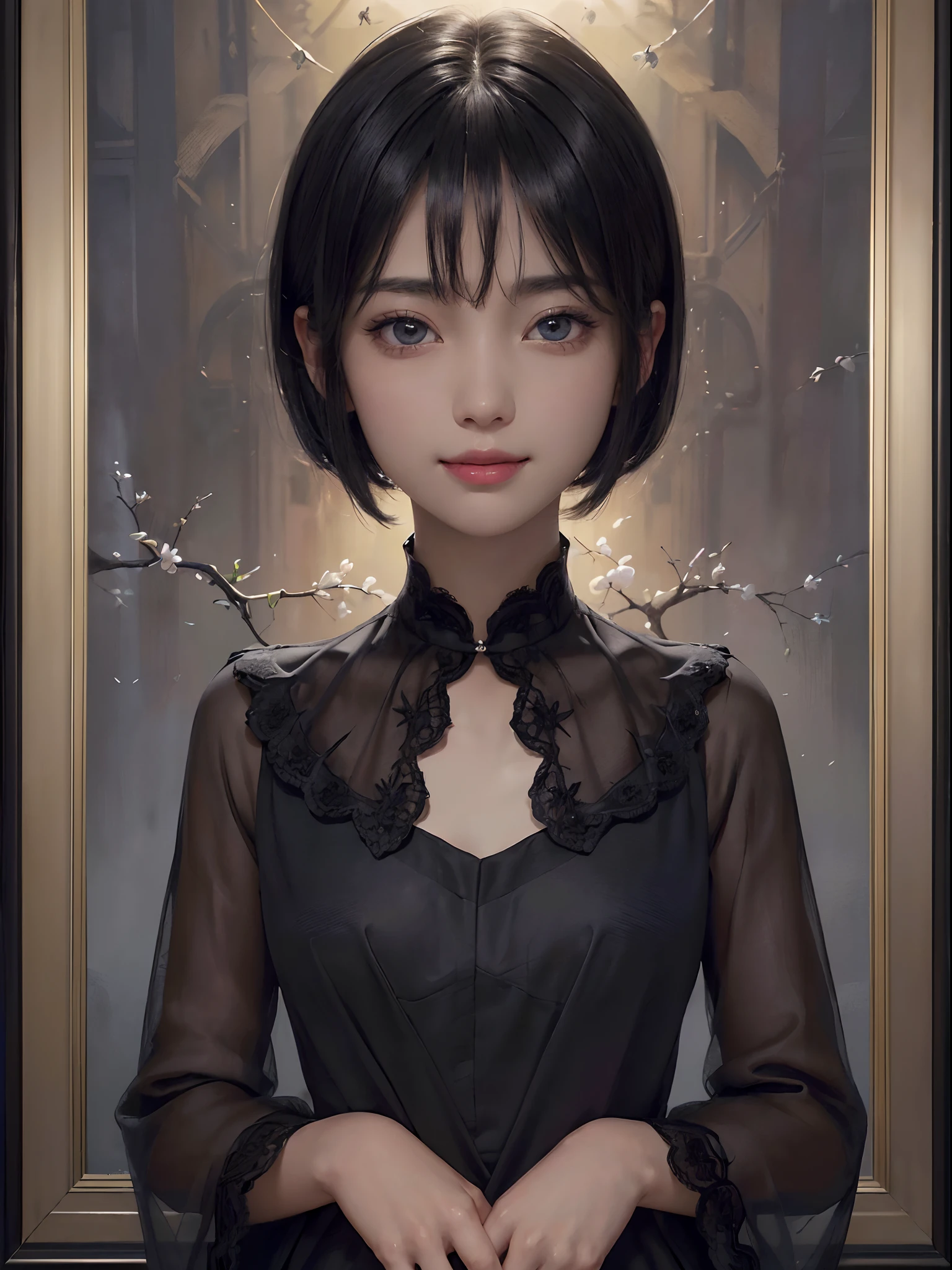 (A hyper-realistic)、(illustratio)、(hight resolution)、(8K)、(ighly detailed)、(Best Illustration)、(beautifully detailed eyes)、(top-quality)、(ultra-detailliert)、(masterpiece)、(wall-paper)、(A detailed face)、独奏、1 girl in、looking at viewert、fine detailed、A detailed face、in the darkness nigth、deep-shadows、lowkey、pureerosfaceace_v1、a smile、((short-hair))、Black shawl straight hair、46-point diagonal bangs、picture frame、painterly