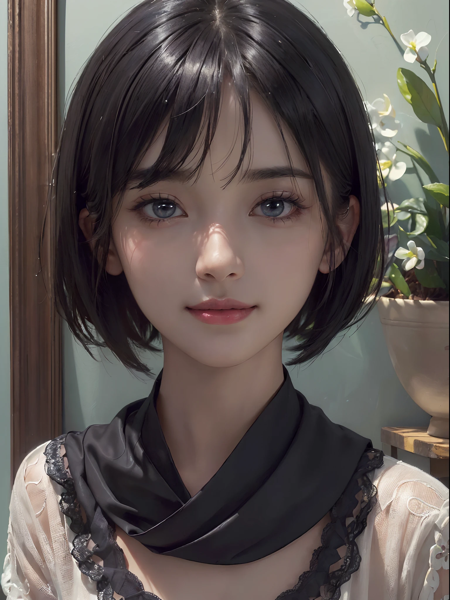 masterpiece, 1 beautiful girls, (((very_short_hair))), Eye details, Swollen eyes, Top image quality, 超A high resolution, (Realistis: 1.4), OriginalPhotographs, 1Girl, Cinematographic lighting, japanes, Asian Beauty, Korean, very beautif, Beautiful skins, thin, (A hyper-realistic), (hight resolution), (8 K), (ighly detailed), (The best illustrations), (beautifully detailed eyes), (ultra-detailliert), A detailed face, see the beholder, Facing straight ahead, Neat Clothing, shorth hair、A dark-haired、46-point diagonal bangs、Interior background of luxury hotel、flower arrangement、vases、Neat and clean