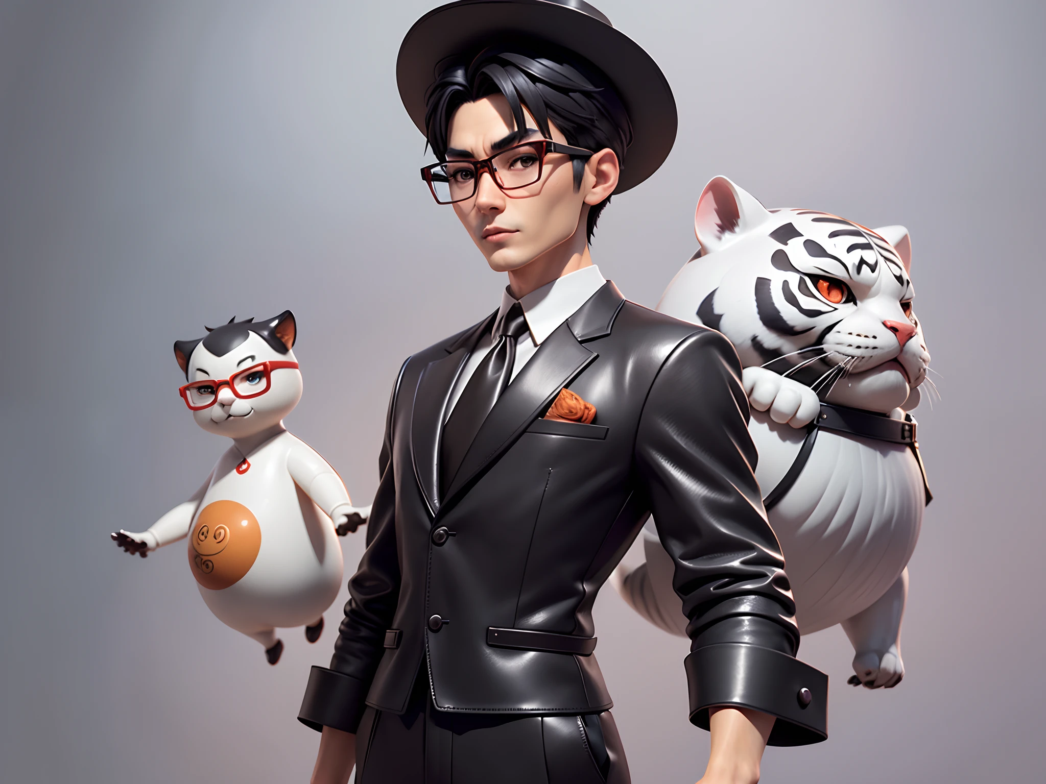 Young man with oriental face in leather hat, tiger, oriental face in formal suit, short black hair, silver glasses, digital painting, 3D character design by Mark Clairedon and Pixar and Hayao Miyazaki and Akira Toriyama, the illustration is a high-definition illustration in 4K resolution with very detailed facial features and cartoon-style visuals.