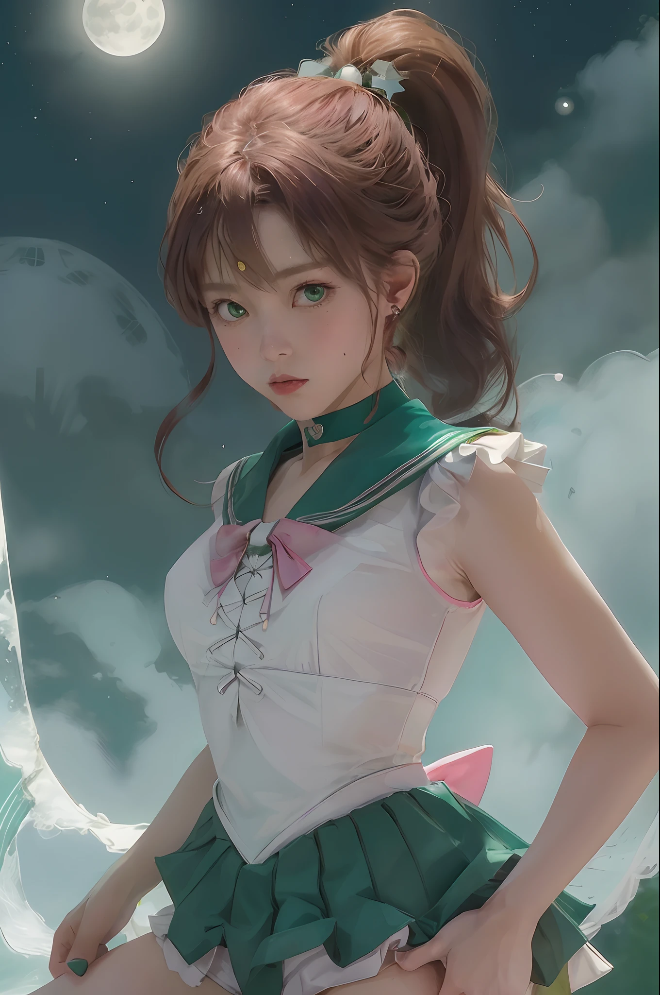 masutepiece, Best Quality, hight resolution, hmjupiter, Green eyes, Ponytail, tiarra, Jewelry, Sailor Senshi Uniform, green sailor collar, Choker, elbow groves, White Gloves, pink bows, brooches, Leotard, Green skirt, Cowboy Shot, Standing, Night, Moon, Back view, angry, Full body, lush body