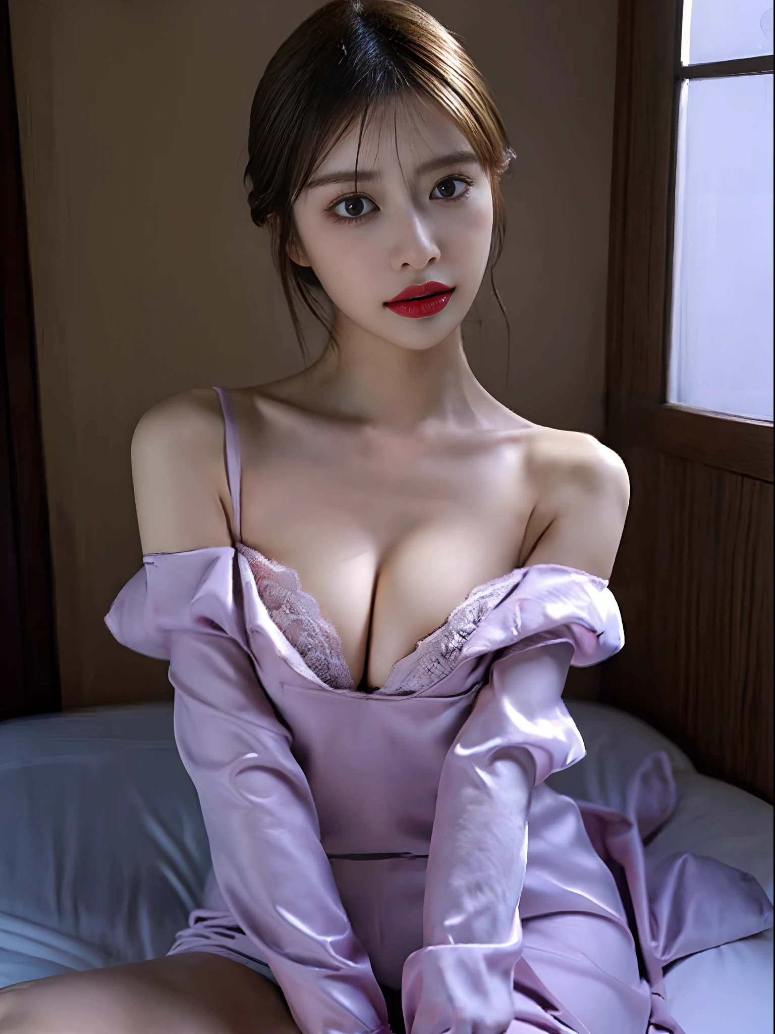 NSFW, (((Erect nipples))), ((top-quality、8K、masuter piece:1.3)), 1 female, Beautiful girl emphasizing slender abs:1.3, ((爆乳:1.2)), Pose Seductive, Sexually seductive facial expressions, (Wearing ultra light purple lace underwear: 1.4, Open your crotch, nipples are protruding, that are about to spill, Black off-shoulder, are visible, Cinematic lighting, hyperdetailed face, High detailed lips, A detailed eye, double-edged eyelid, Ecchi,
