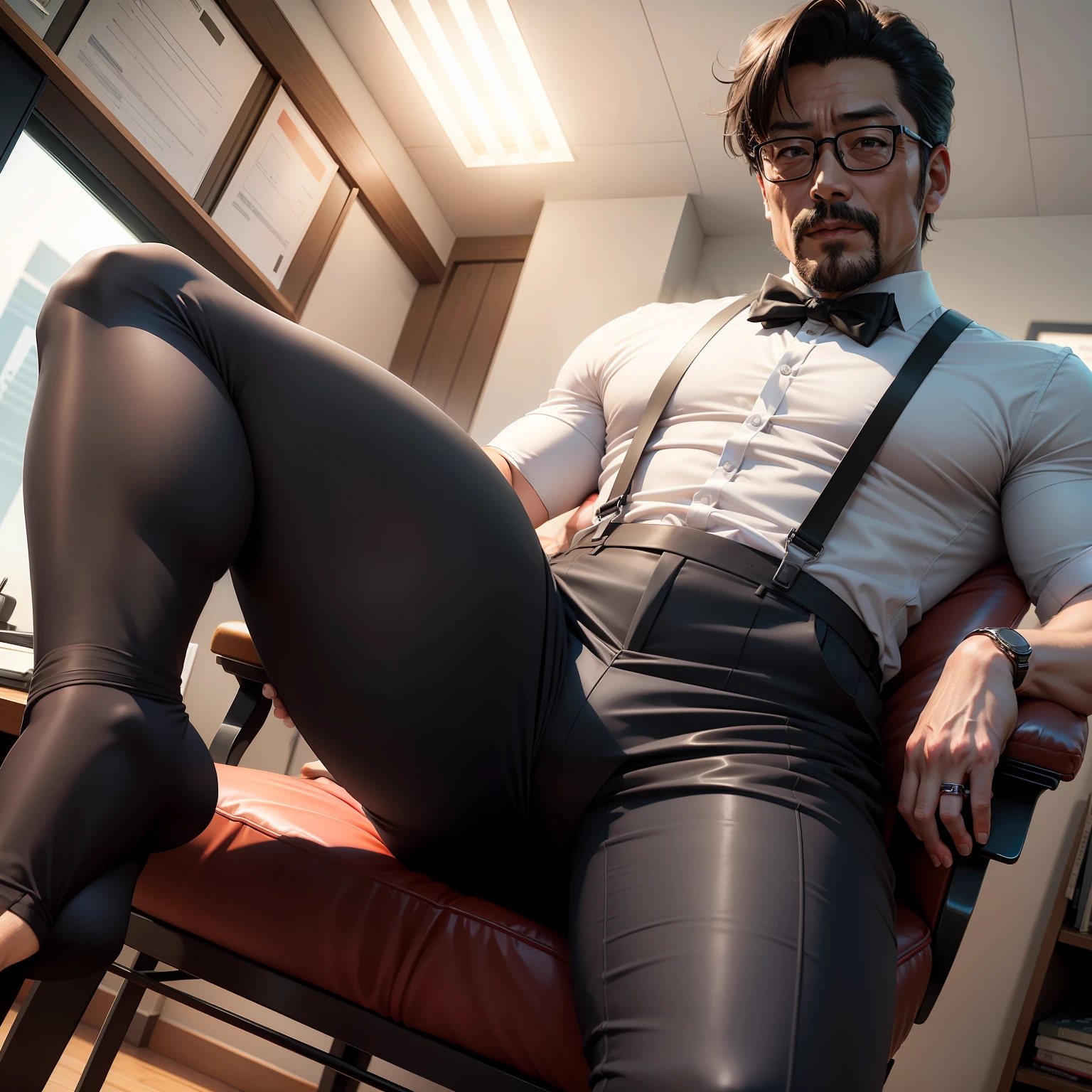 age 55，Kogoro Mouri，uncle，Tong，Bulge，Sitting in the office，Black short stockings，Suspenders，lbeard，fortitude，k hd，artwork of a，an look of enjoyment，is shy，opening legs，wear suit，The crotch is raised，God perspective，Take off your pants，There is a white flocculent liquid on the pants