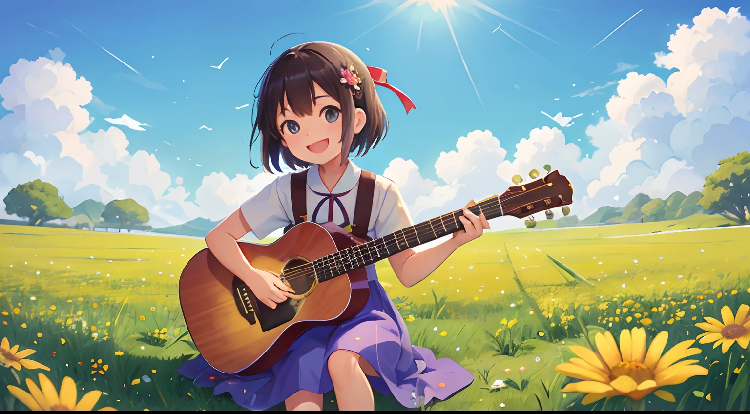 Best Quality, masutepiece, nffsw, 夏天、Pasture、a few small flowers、Heavenly view、Large clouds、blue open sky、Hot weather、HD Detail、Wet watermark、Hyper-detailing、movie、surrealism、Soft light、Deep field focus bokeh、Ray traching、surrealism,  Girl playing guitar in the field, huge smile, Summer dress, Has a cute face, , very cute and childish, Show your teeth and smile --v6