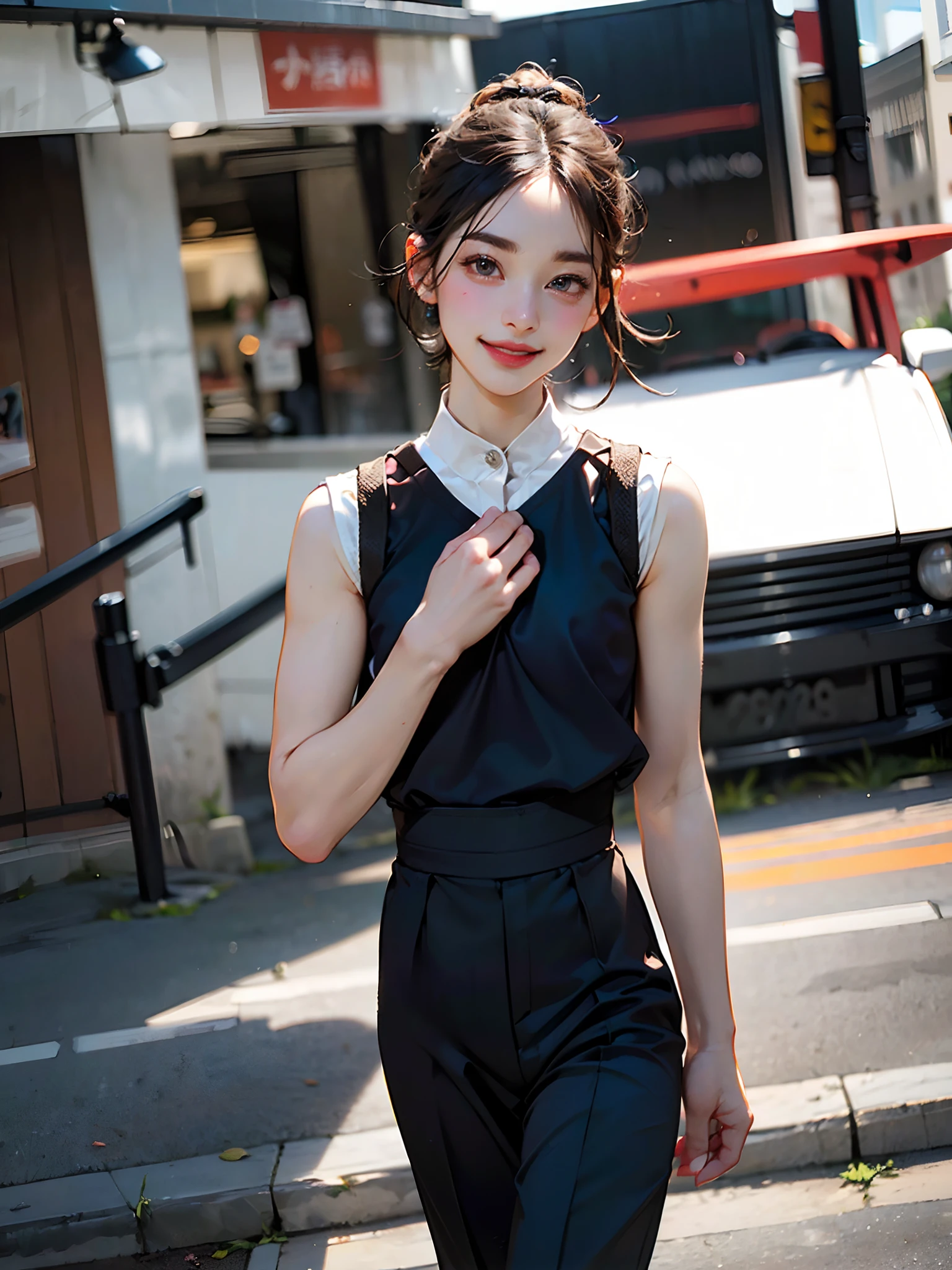 (Excellent photo of a beautiful Japanese Lady),
((highly detailed, best quality)),(photorealistic:1.2),8k,(high resolution),(depth of field:1.2),(character focus),perfect anatomy
(1girl),(26yo),
looking at viewer,(walking),
((beautiful detailed eyes)),(narrow face:1.2),thick eyebrows,(falling eyebrows),(tareme:1.2),(blue eyeshadow),big eyes,(brown eyes:1.3),
(smiling),blush,(super detailed skin),
(parted lips:1.1),(plump lips:1.2),(glossy lips),(lipstick)
braid,(black medium hair),(pulled back hair),((wide forehead)),
(ideal ratio body proportions:1.3),(tall body:1.2),(attractive thighs),(attractive waist circumference),
(flat chest:1.3), (nipples visible through clothes),(muscular:1.2)
(very short trousers:1.6),sleeveless shirt,naval,(crotch bulge:1.3),
street,