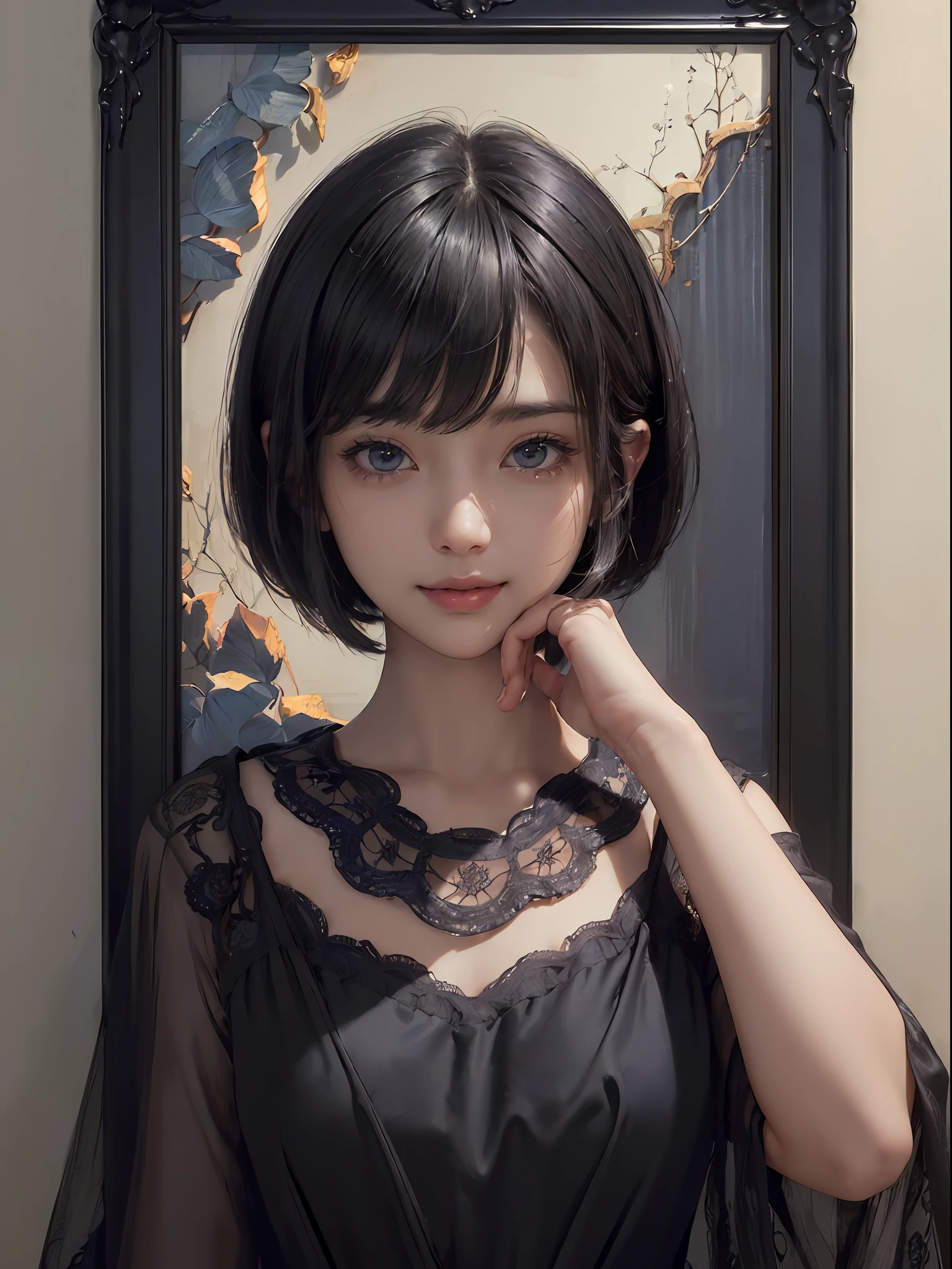 (A hyper-realistic)、(illustratio)、(hight resolution)、(8K)、(ighly detailed)、(Best Illustration)、(beautifully detailed eyes)、(top-quality)、(ultra-detailliert)、(masterpiece)、(wall-paper)、(A detailed face)、独奏、1 girl in、looking at viewert、fine detailed、A detailed face、in the darkness nigth、deep-shadows、lowkey、pureerosfaceace_v1、a smile、((short-hair))、Black shawl straight hair、46-point diagonal bangs、Luxurious room