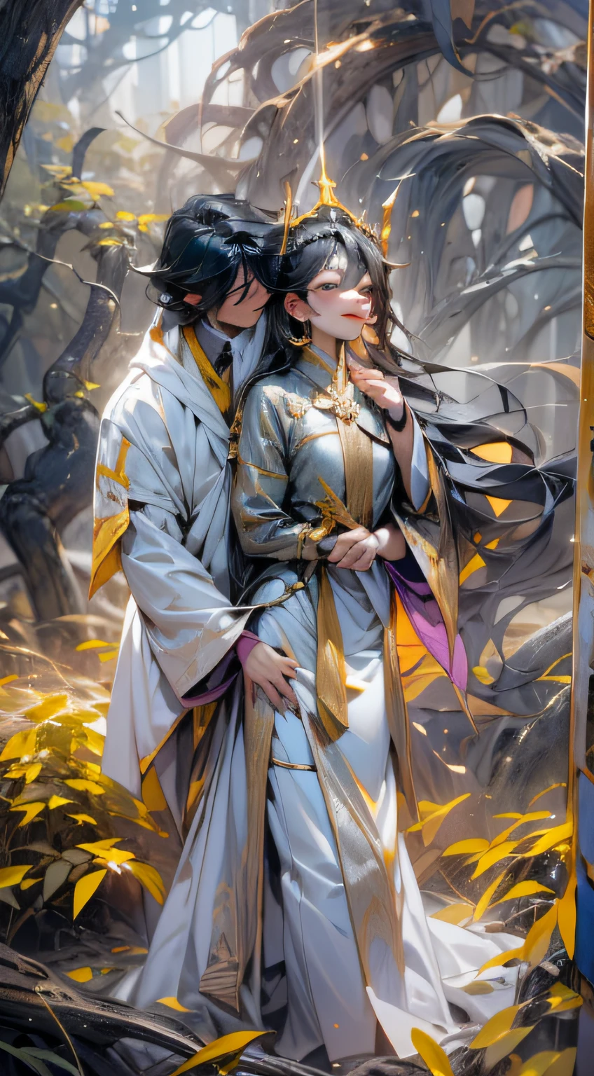 Romantic couple kissing in the wind，32K（tmasterpiece，k hd，hyper HD，32K）Long flowing black hair，Yellowstone，Tongzhou girl ，Flame protector（realisticlying：1.4），Python pattern robe，Purple-pink tiara，The leaves flutter，The canyon background is pure，Hold your head high，Be proud，The nostrils look at people， A high resolution， the detail，autumnal， RAW photogr， Sharp Re， Nikon D850 Film Stock Photo by Jefferies Lee 4 Kodak Portra 400 Camera F1.6 shots, Rich colors, ultra-realistic vivid textures, Dramatic lighting, Unreal Engine Art Station Trend, cinestir 800，Hold your head high，Be proud，The nostrils look at people（2 people）