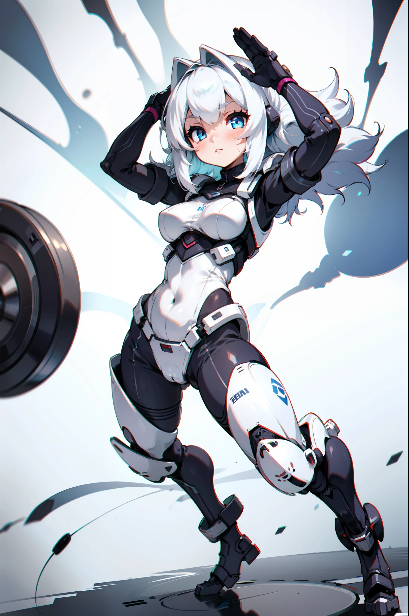 A girl,full bodyesbian,White hair,Blue eyes standing,Arms up