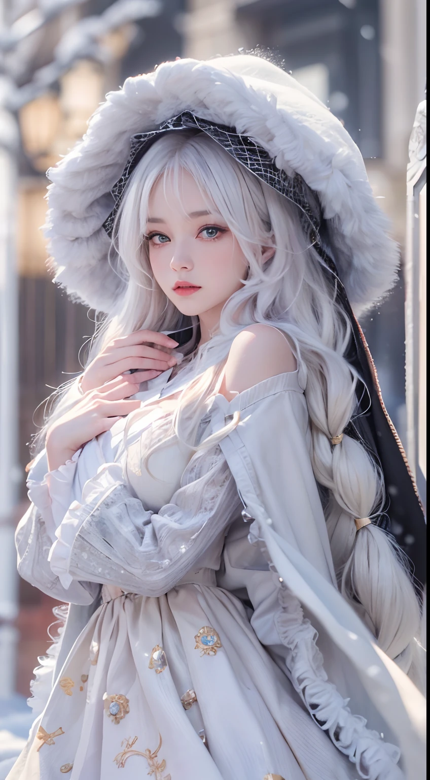 (8K, RAW photo, Photorealistic:1.4), high resolution, 1 Women, Solo,。.3D,Sitting,(Lolita costume),Wear a flowing skirt, Beautiful eyes, White hair, ringed eyes, (sitted,Cloak,Heavy snow),snowfield