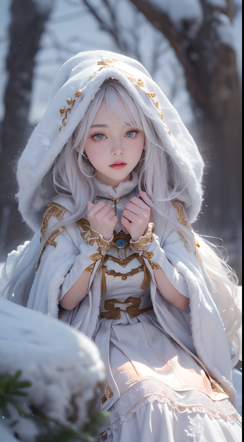 (8K, RAW photo, Photorealistic:1.4)， high resolution, 1 Women, Solo,。.3D，Sitting,(Lolita costume)，Wear a flowing skirt， Beautiful eyes, White hair, ringed eyes, (sitted，Cloak，Heavy snow)，snowfield