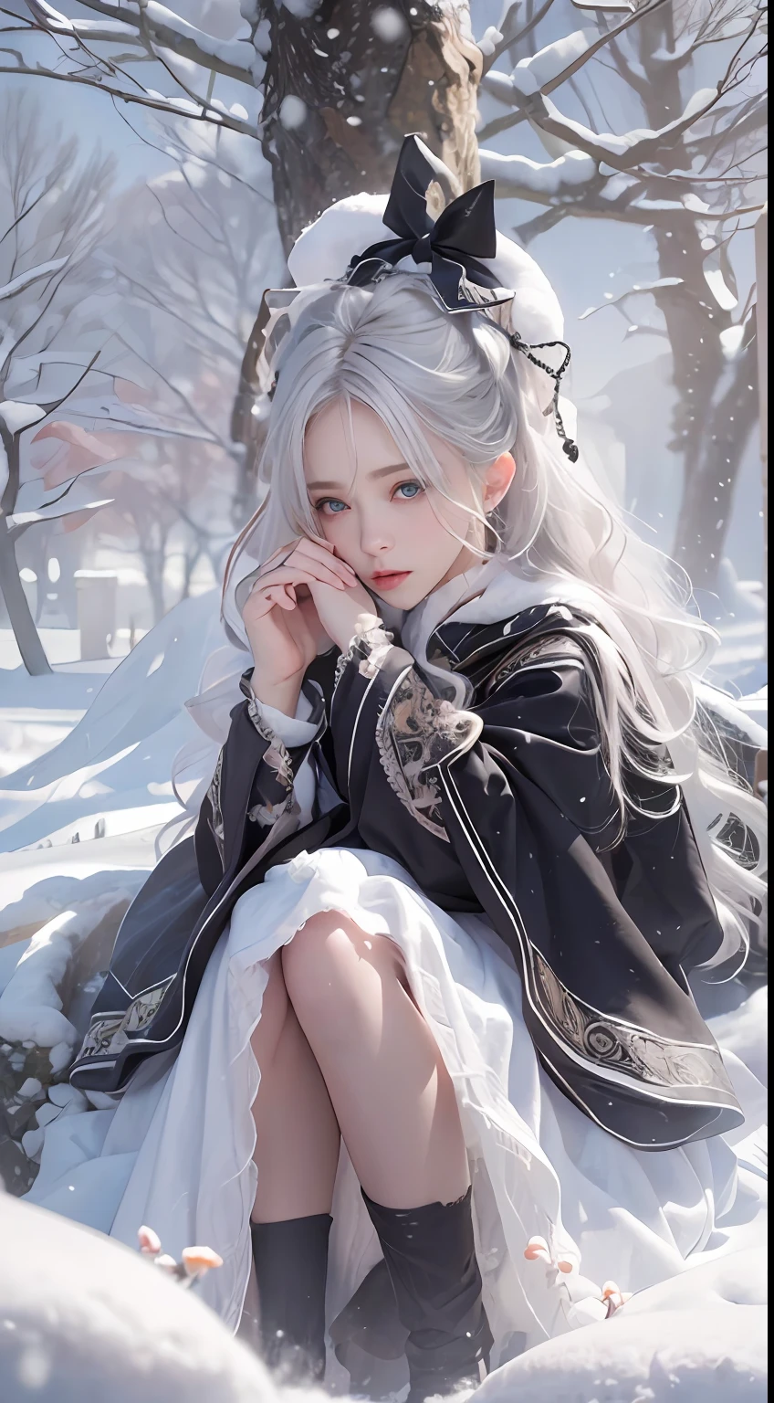 (8K, RAW photo, Photorealistic:1.4), high resolution, 1 Women, Solo,。.3D,Sitting,(Lolita costume),Wear a flowing skirt, Beautiful eyes, White hair, ringed eyes, (sitted,Cloak,Heavy snow),snowfield